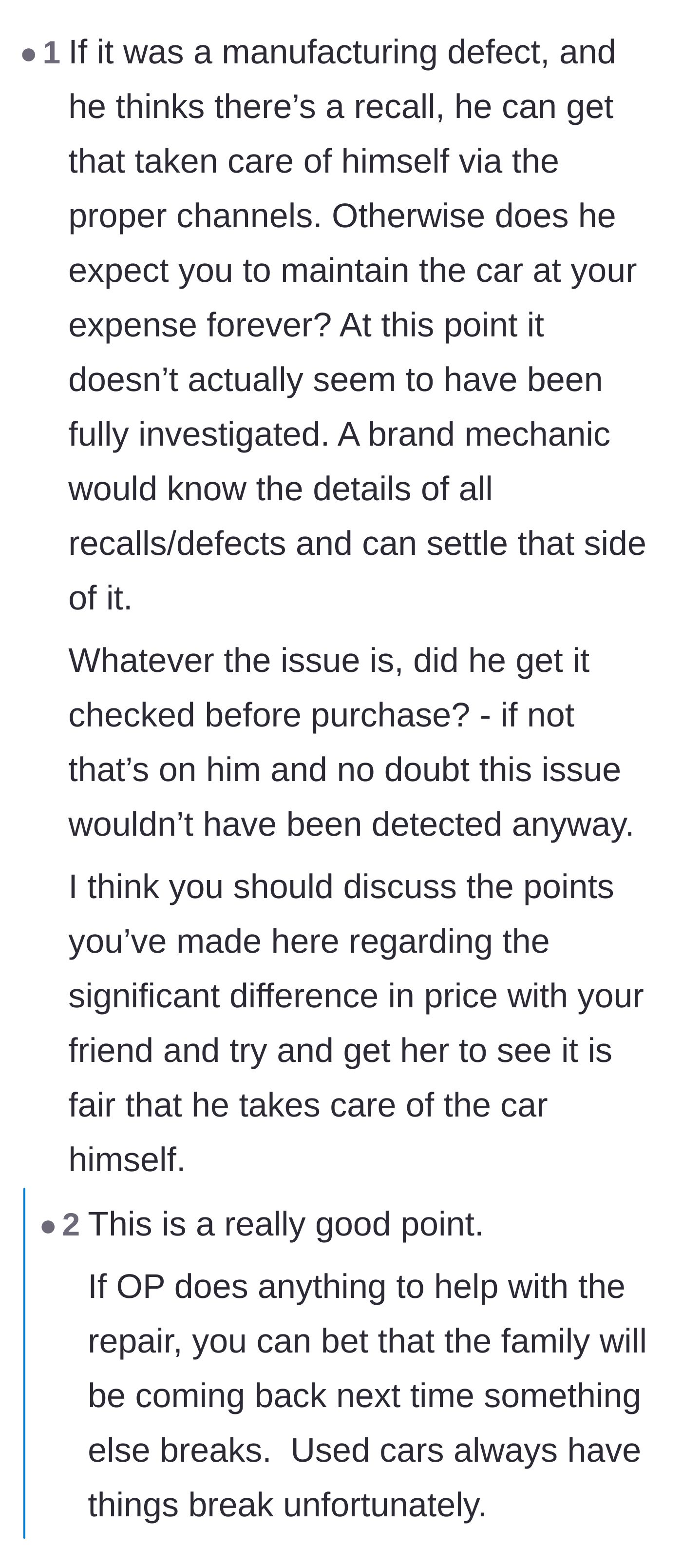 Comment thread 4 - Advice pointing out that if there is an actual recall, the buyer should just take it to a dealership for a free repair.