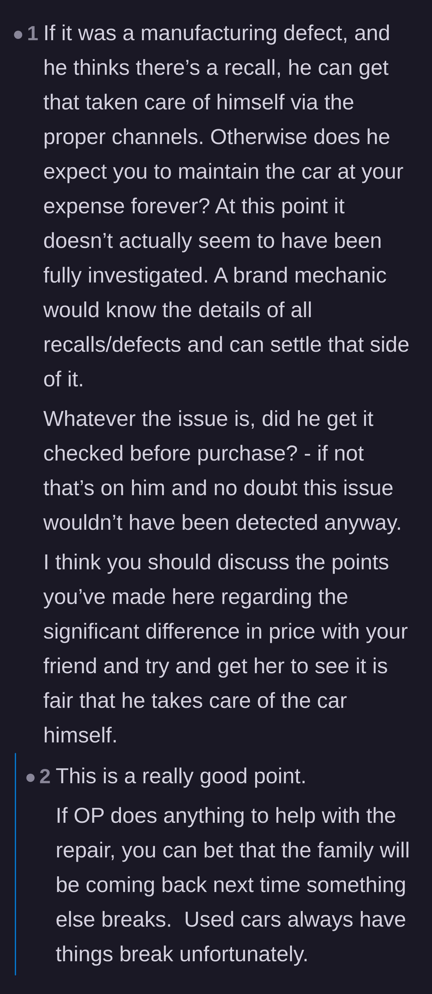 Comment thread 4 - Advice pointing out that if there is an actual recall, the buyer should just take it to a dealership for a free repair.