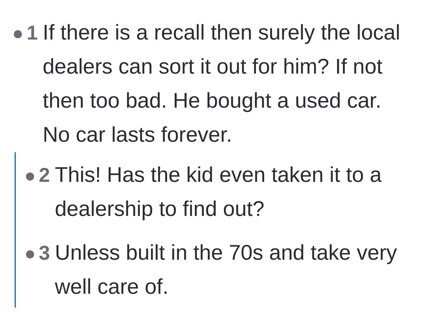 Comment thread 6 - A straightforward reminder that used cars break down and dealerships handle real recalls.