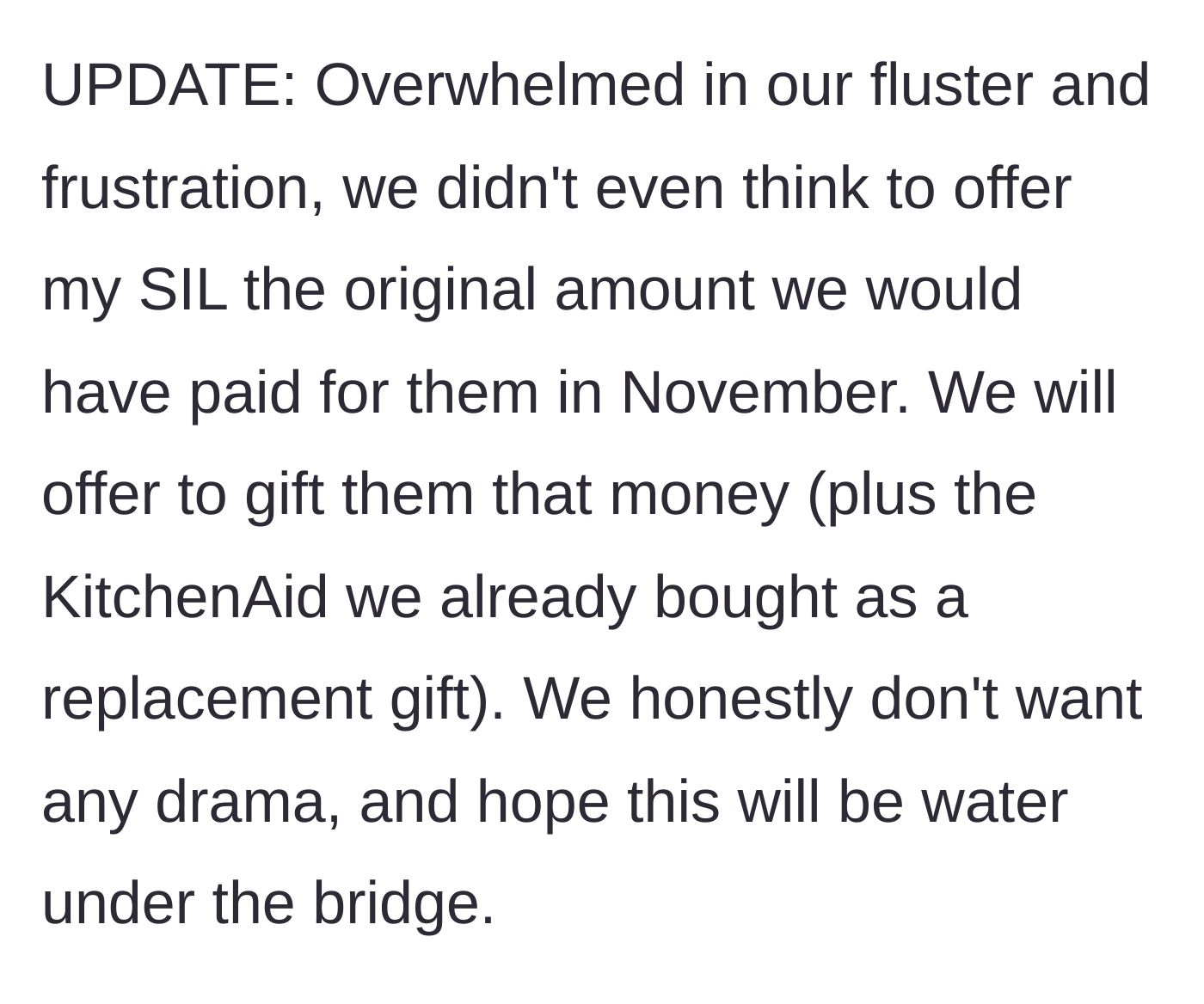 Story part 5 - The couple compromises by offering the cash equivalent of the original trip cost, plus a stand mixer.