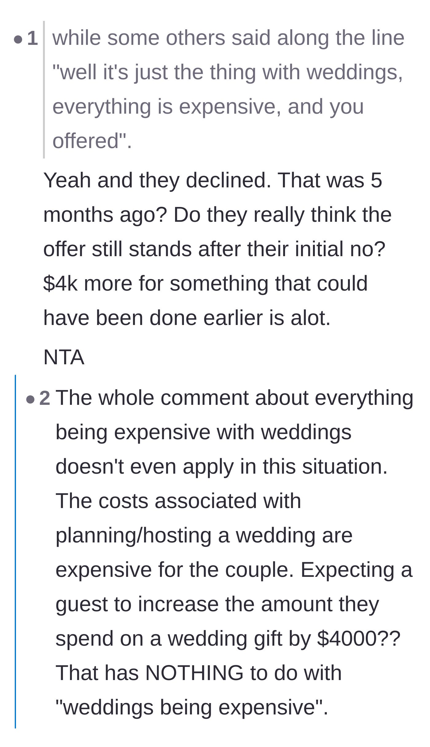 Comment thread 2 - A breakdown of why the excuse that weddings are expensive doesn't justify a $4,000 extra cost for a guest.