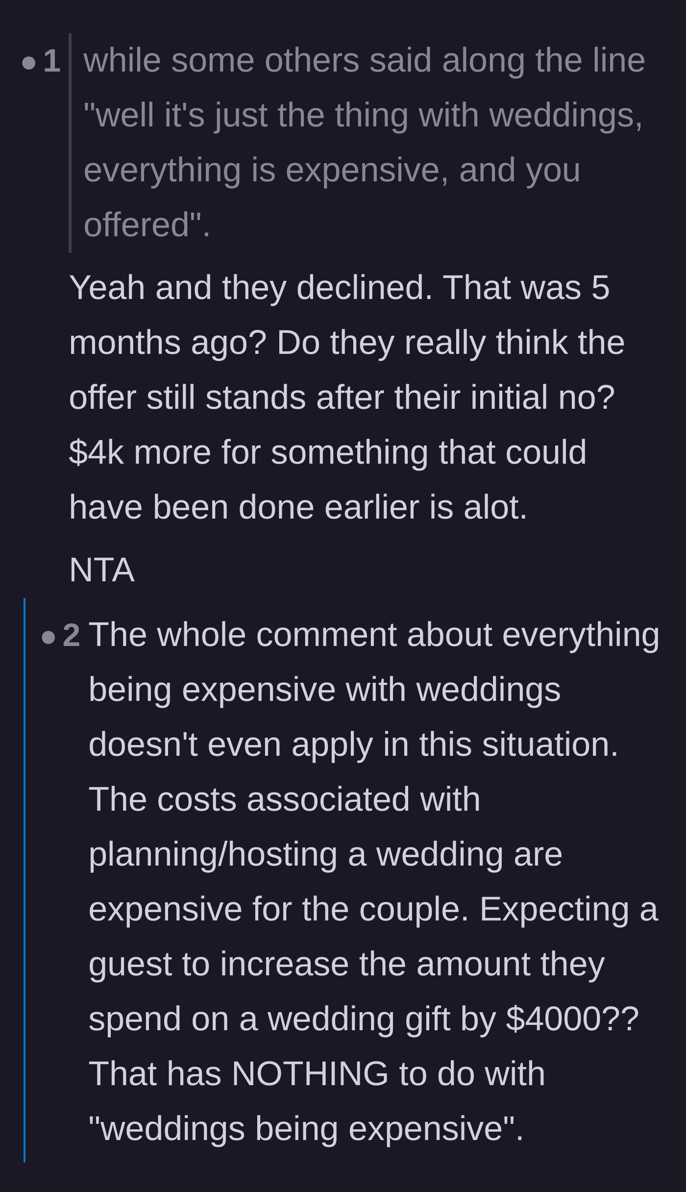 Comment thread 2 - A breakdown of why the excuse that weddings are expensive doesn't justify a $4,000 extra cost for a guest.