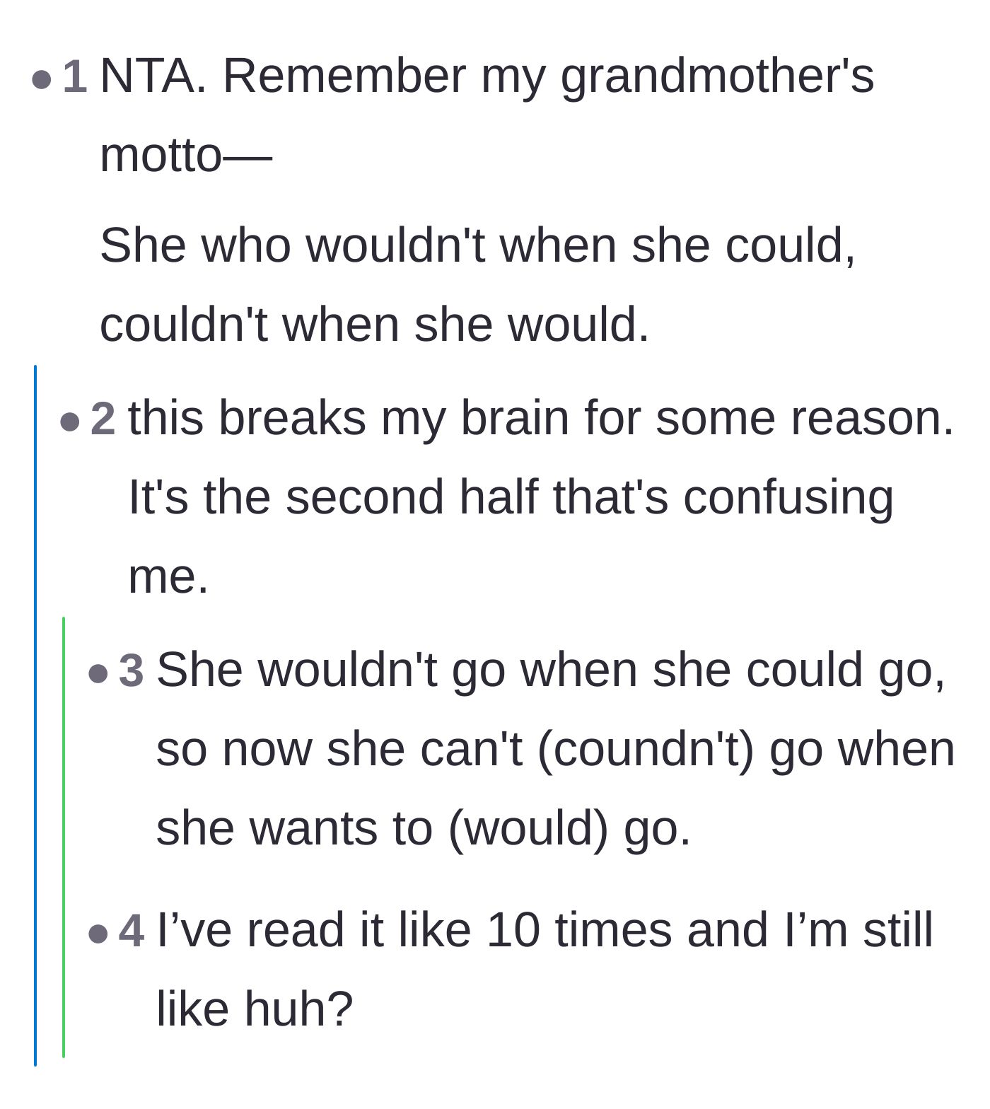 Comment thread 3 - A funny exchange trying to decipher an old-school grandmother's riddle about missed opportunities.