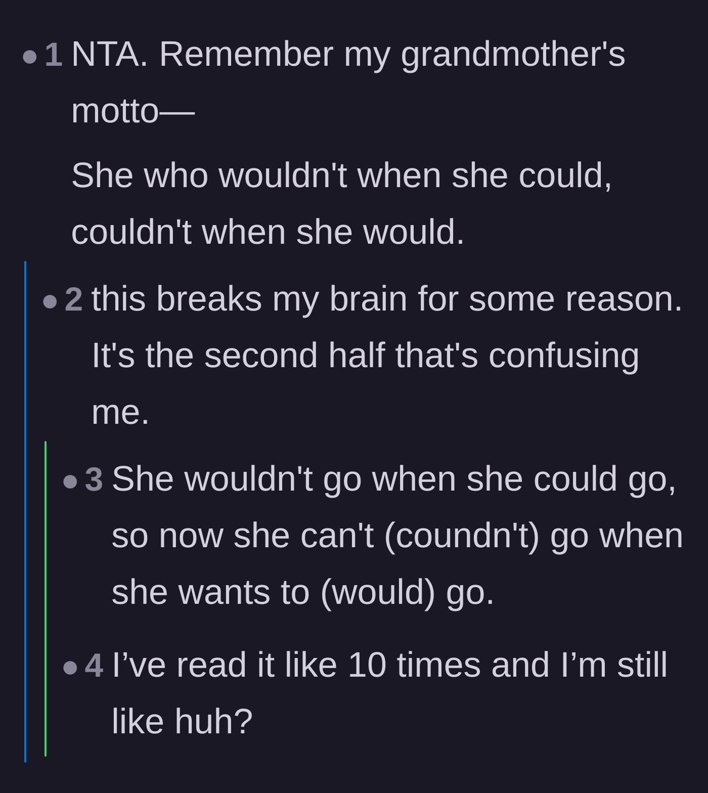 Comment thread 3 - A funny exchange trying to decipher an old-school grandmother's riddle about missed opportunities.