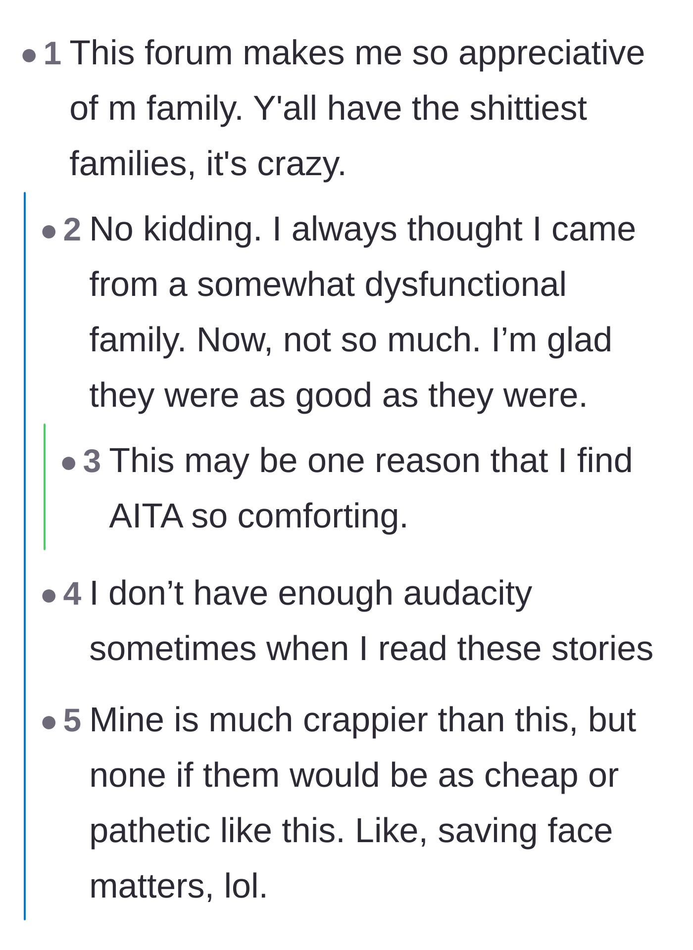 Comment thread 4 - Readers bonding over how this wild story makes them appreciate their own family dynamics.