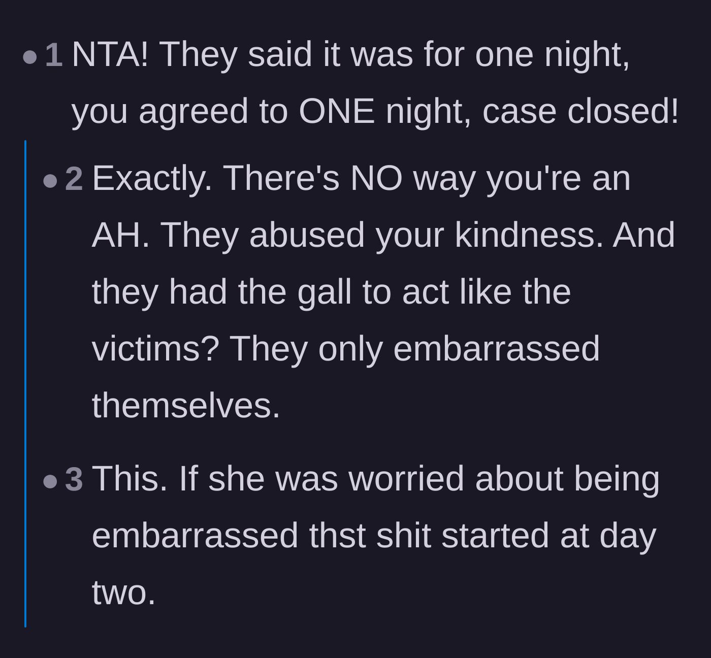 Comment thread 1 - Commenters agree that the neighbor violated the one-night agreement and brought the embarrassment upon themselves.