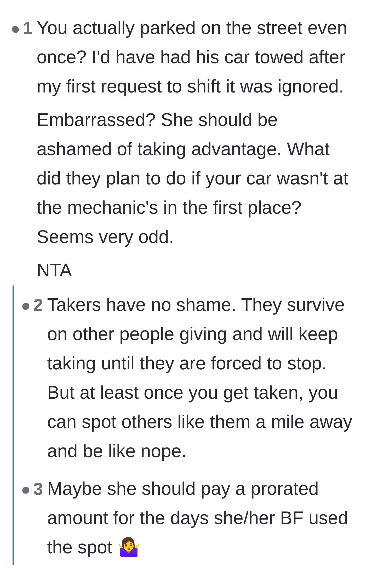 Comment thread 2 - A discussion about how 'takers' lack shame and how the main character was perhaps too patient in searching for street parking.