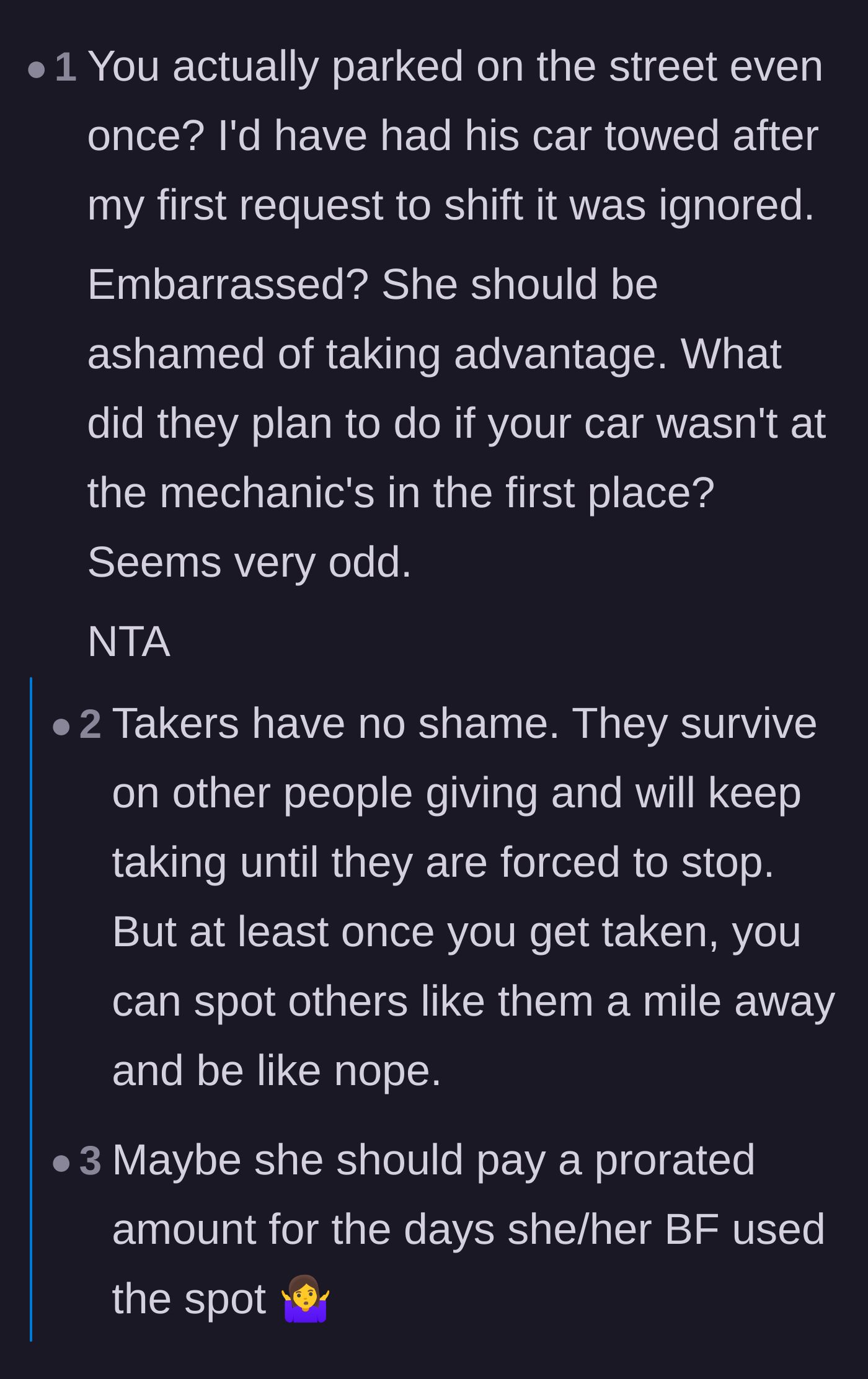 Comment thread 2 - A discussion about how 'takers' lack shame and how the main character was perhaps too patient in searching for street parking.