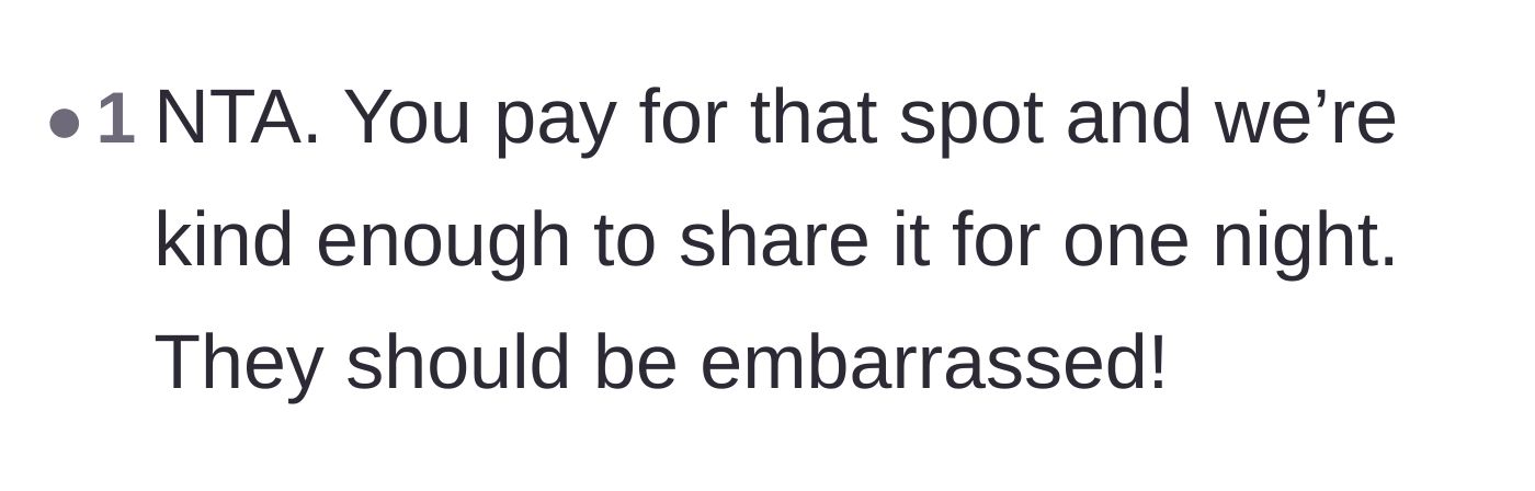 Comment thread 5 - A commenter stating that the neighbor is the only one who should feel embarrassed after taking advantage of a paid spot.