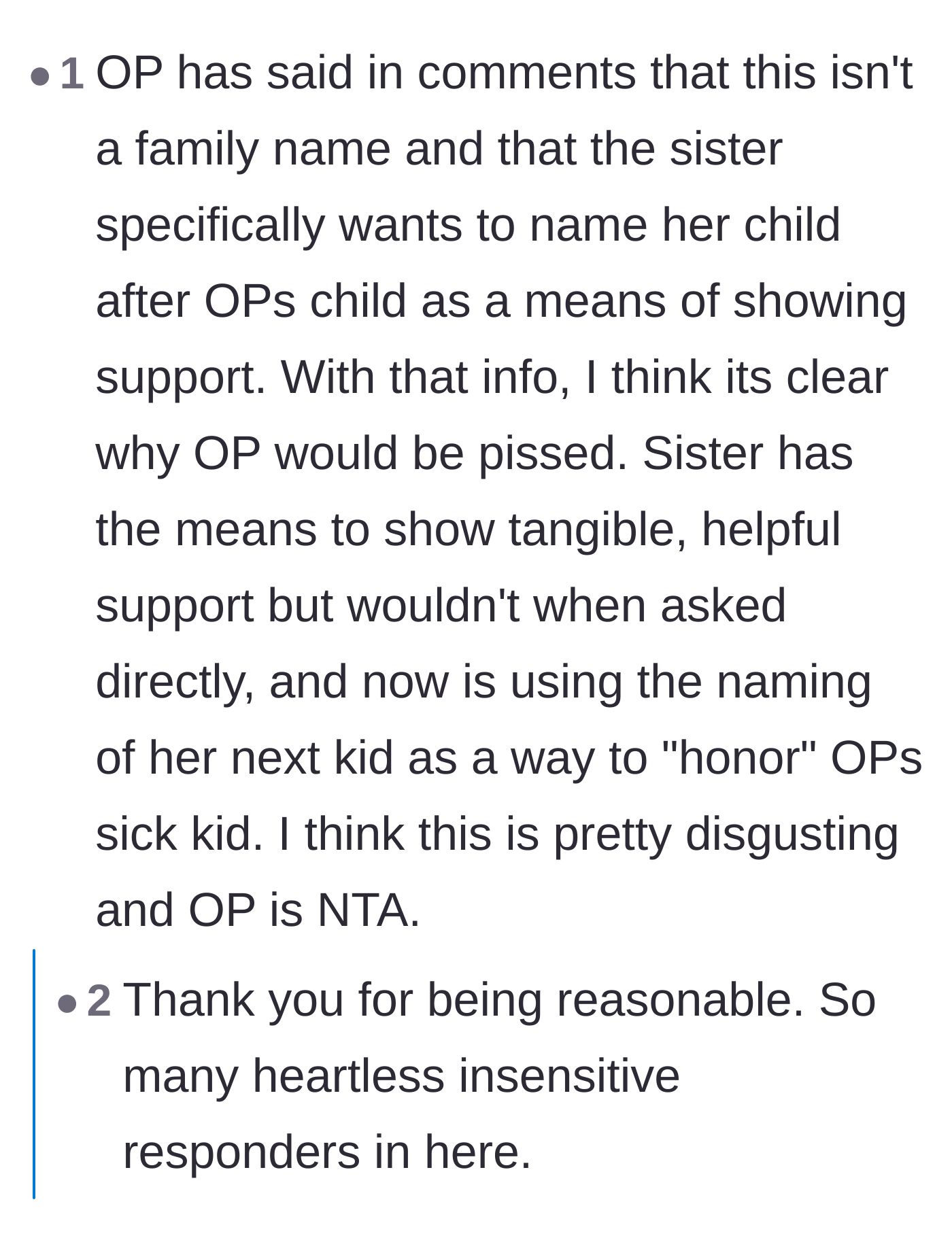 Comment thread 1 - Readers call out the sister for offering a performative name tribute instead of tangible financial support.