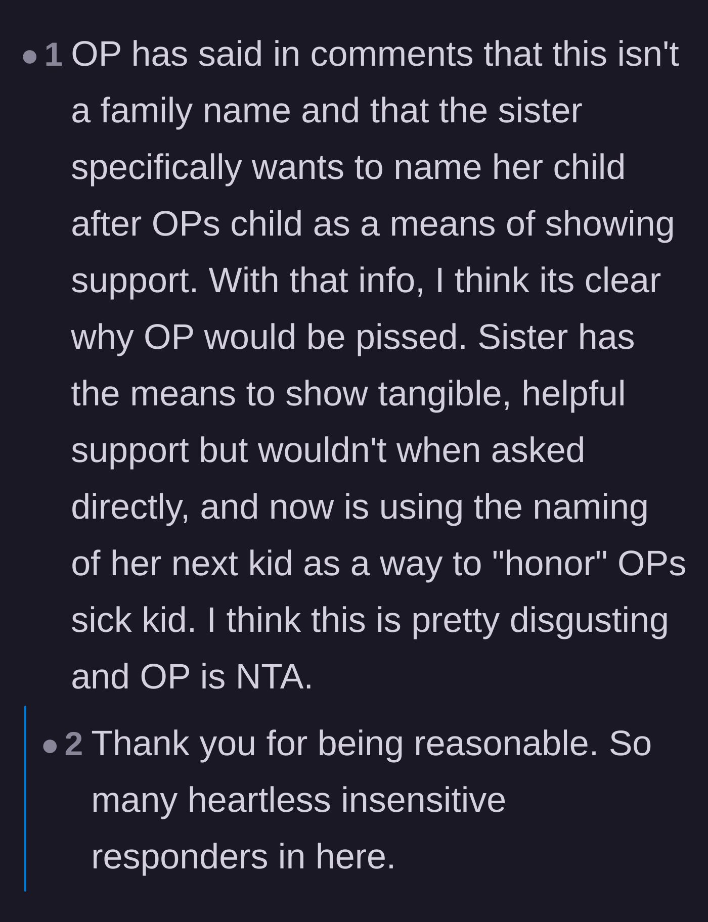 Comment thread 1 - Readers call out the sister for offering a performative name tribute instead of tangible financial support.