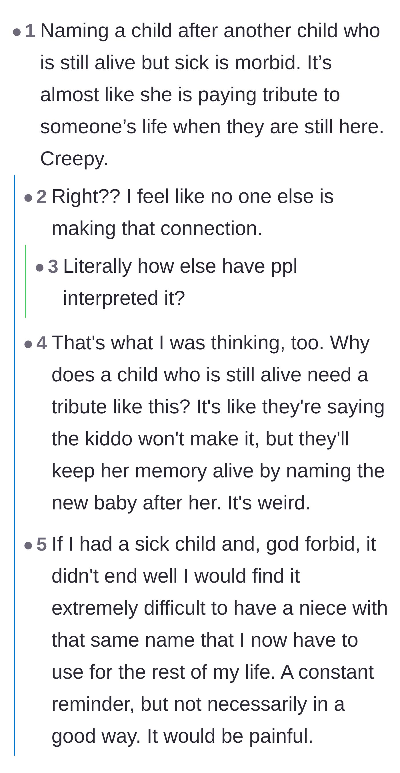 Comment thread 2 - A discussion about how naming a baby after a living, sick child feels like a morbid, premature memorial.
