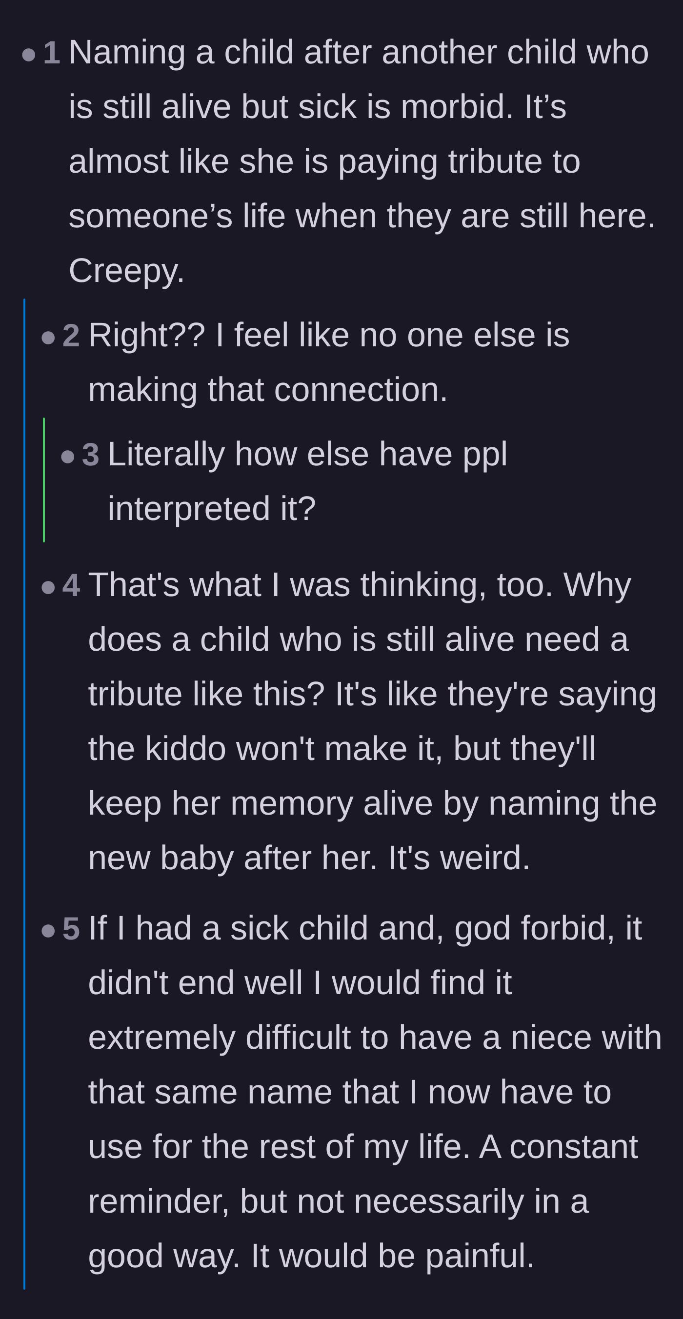 Comment thread 2 - A discussion about how naming a baby after a living, sick child feels like a morbid, premature memorial.