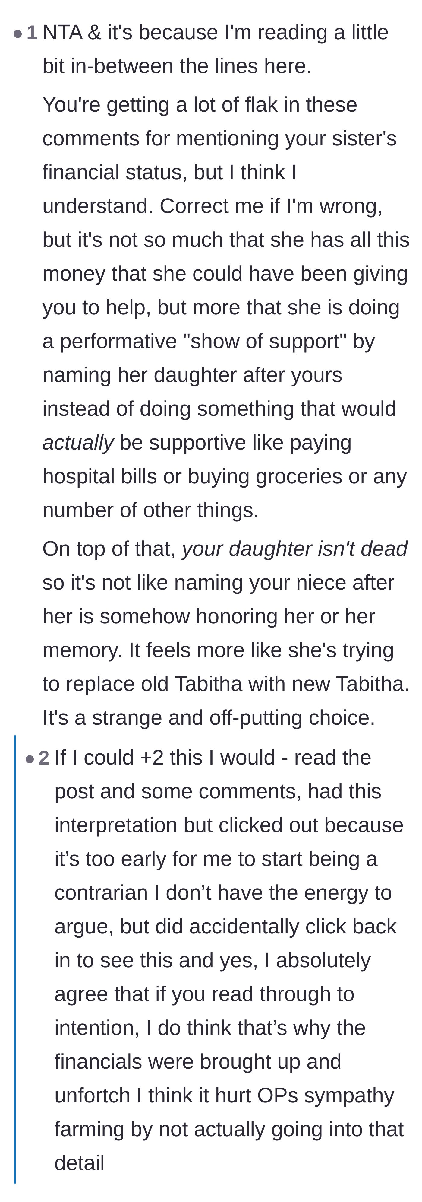 Comment thread 5 - Analysis defending the mother's mention of finances as a critique of performative support rather than greed.
