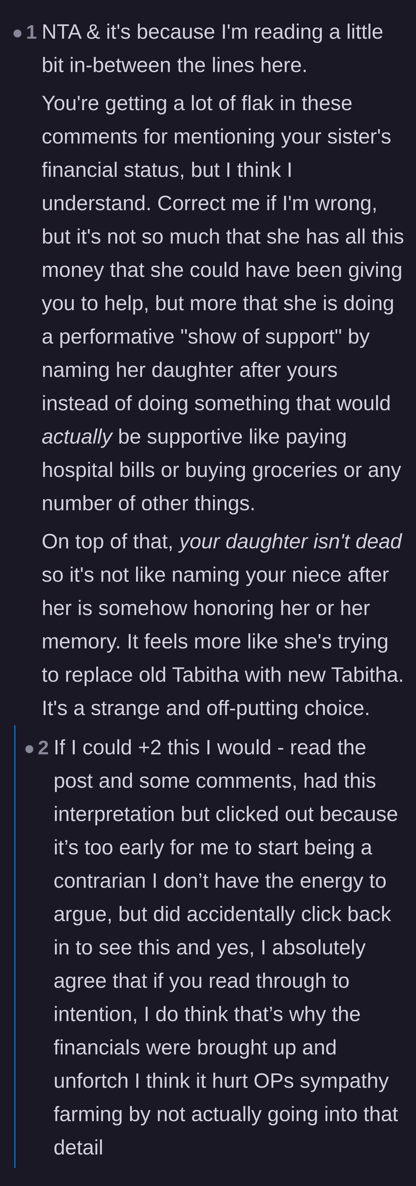 Comment thread 5 - Analysis defending the mother's mention of finances as a critique of performative support rather than greed.