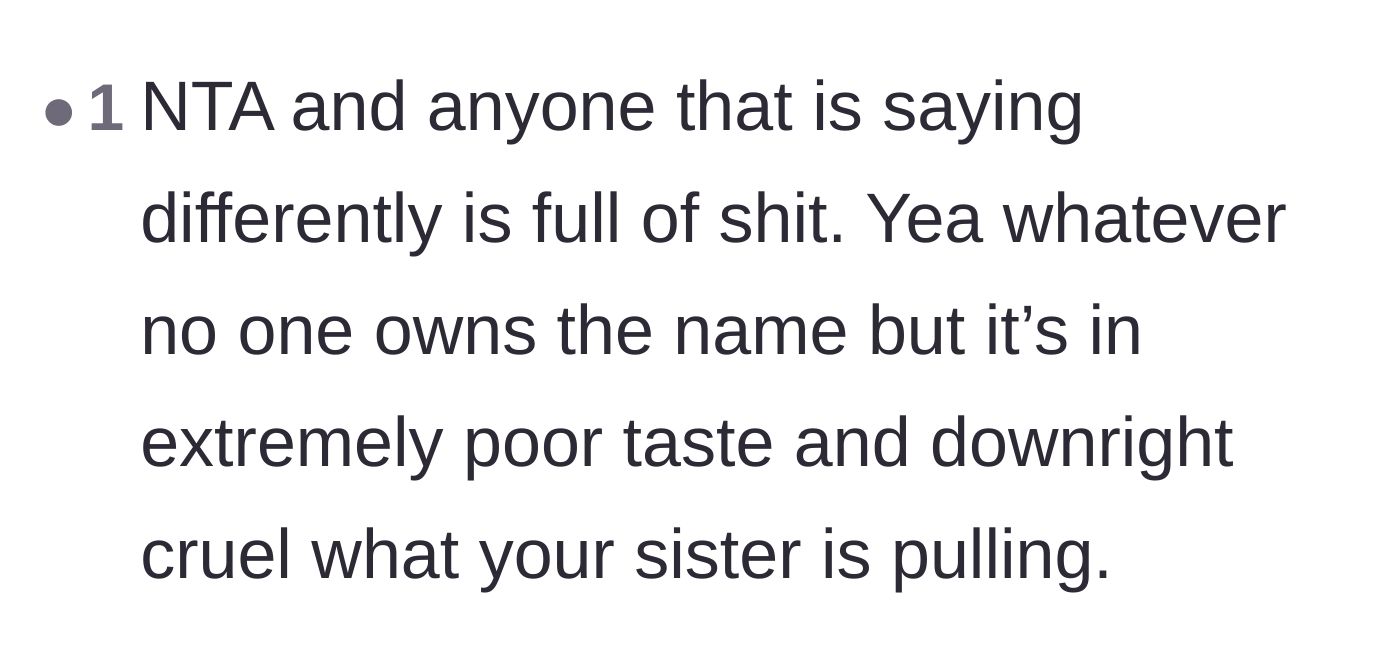 Comment thread 6 - A blunt defense of the mother, rejecting the common argument that nobody owns a name.