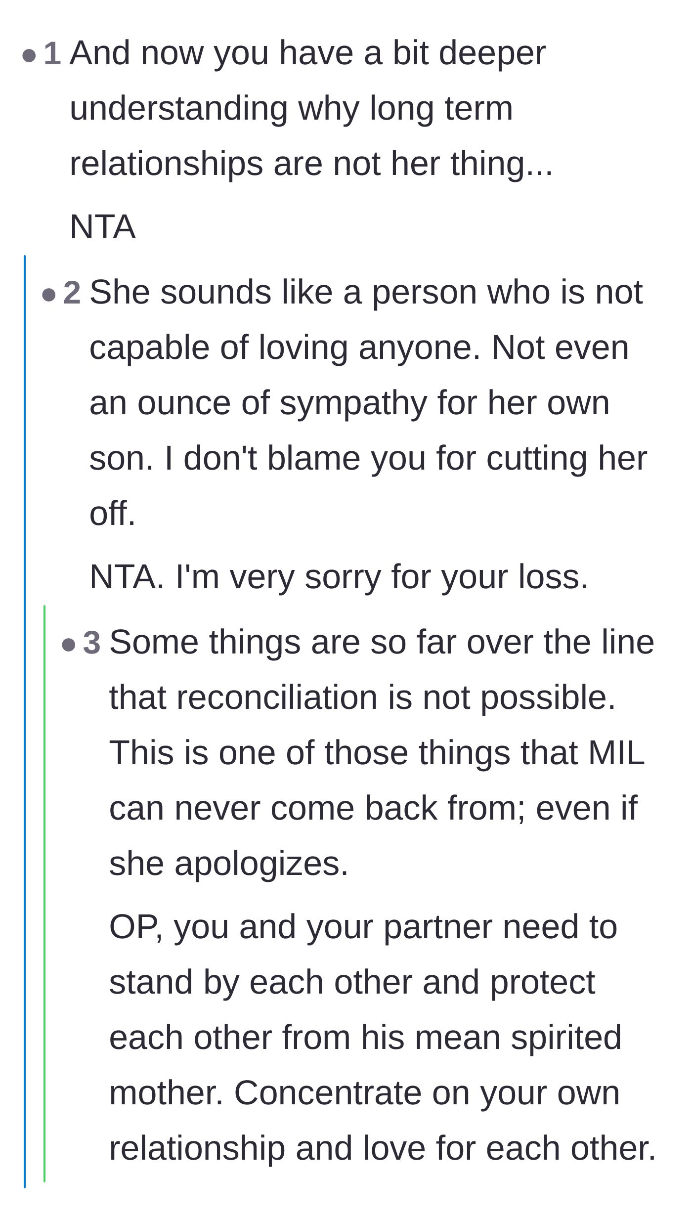 Comment thread 1 - Readers pointing out the mother-in-law's inability to love and advising the couple to protect each other.