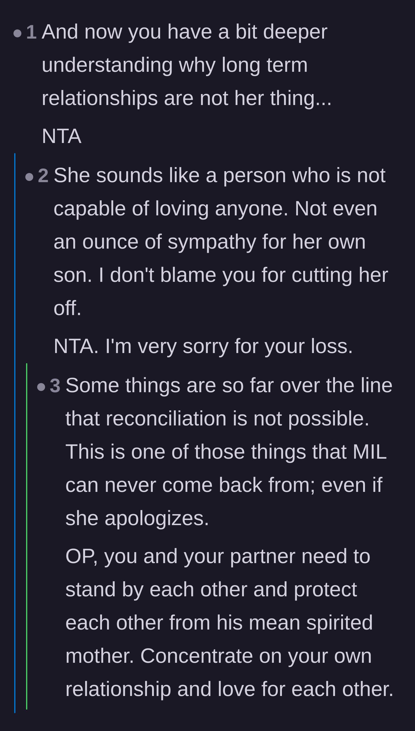 Comment thread 1 - Readers pointing out the mother-in-law's inability to love and advising the couple to protect each other.