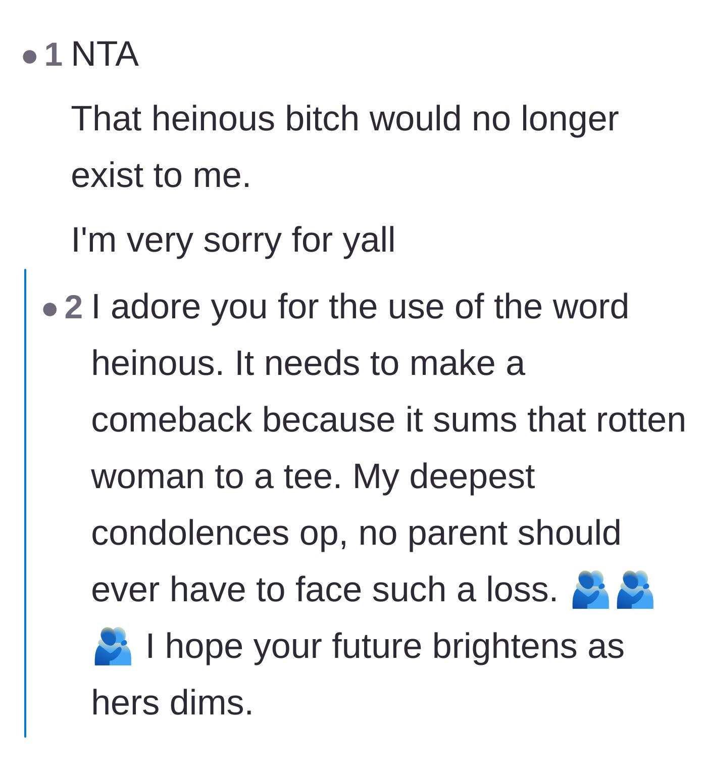 Comment thread 2 - Commenters using strong language to condemn the mother-in-law's behavior while offering deep condolences.