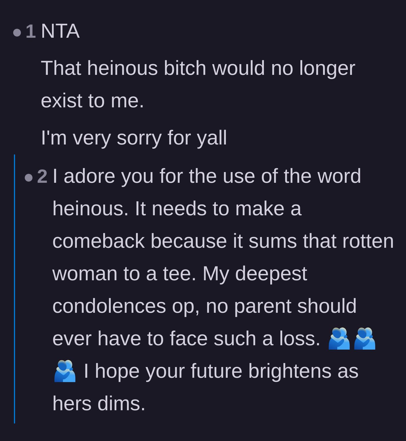 Comment thread 2 - Commenters using strong language to condemn the mother-in-law's behavior while offering deep condolences.