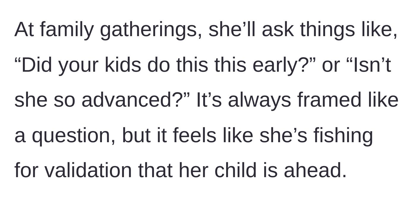 Story part 3 - The aunt describes her sister's habit of fishing for compliments and comparing her baby to other children at family events.