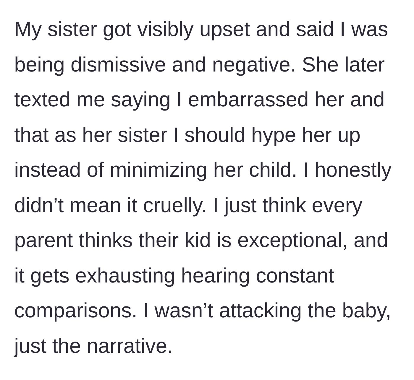 Story part 5 - The aunt details her sister's angry text message demanding to be hyped up, and defends her own intention of just stopping the exhausting comparisons.