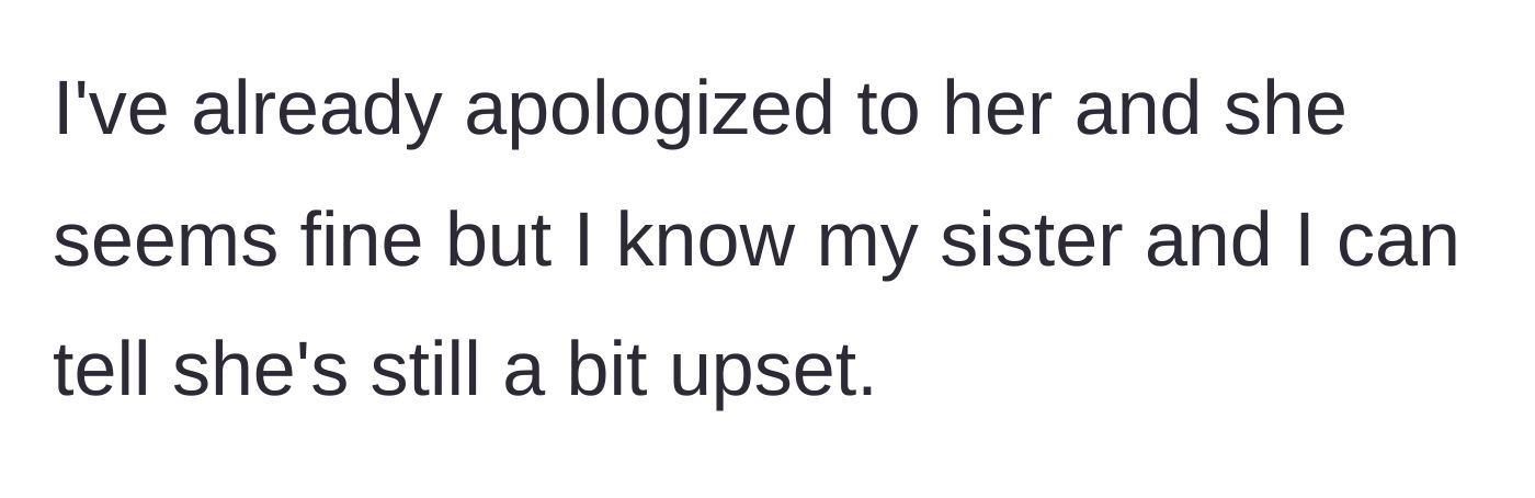 Story part 6 - The aunt explains she apologized to keep the peace, but notes her sister is still holding onto resentment.