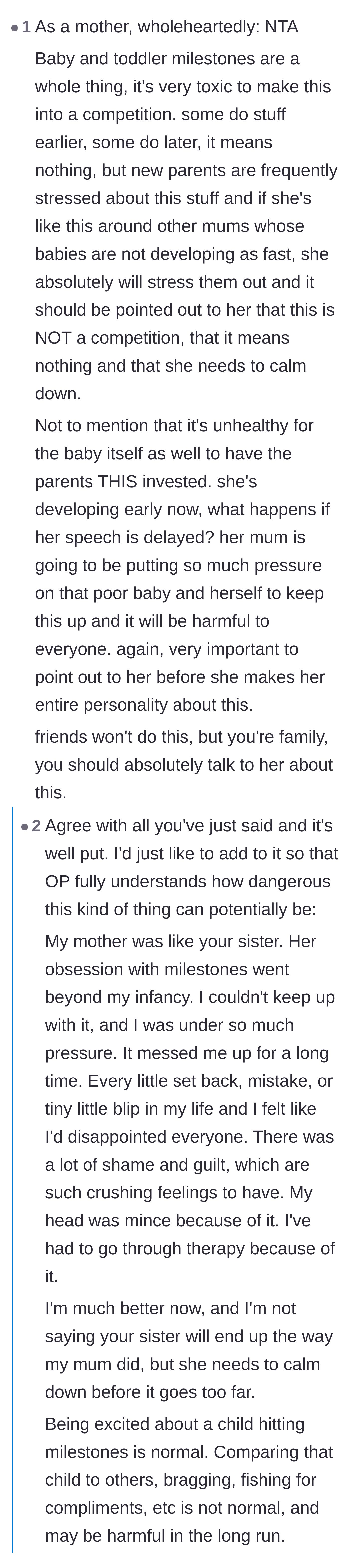 Comment thread 5 - A mother points out how toxic and harmful milestone competitions are for both the parents and the baby.