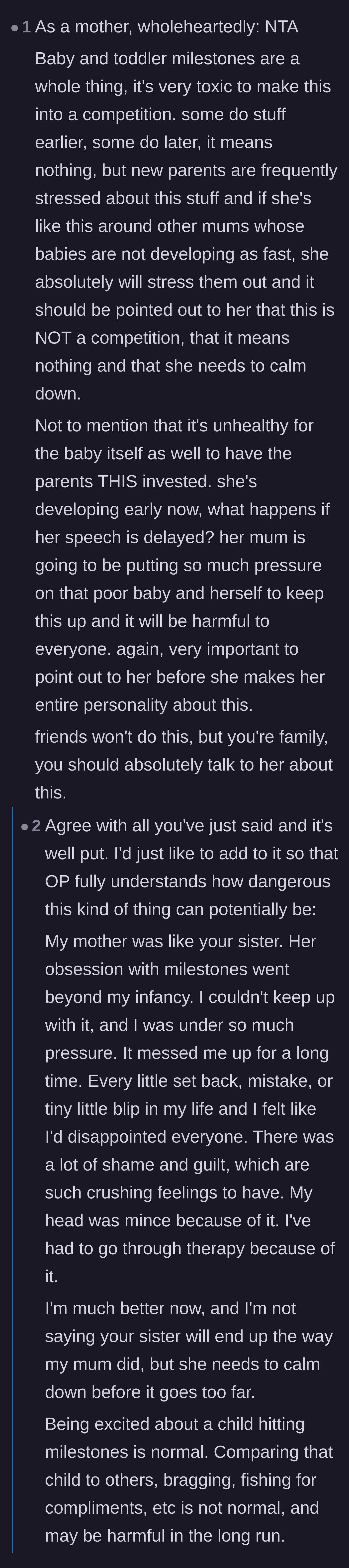 Comment thread 5 - A mother points out how toxic and harmful milestone competitions are for both the parents and the baby.