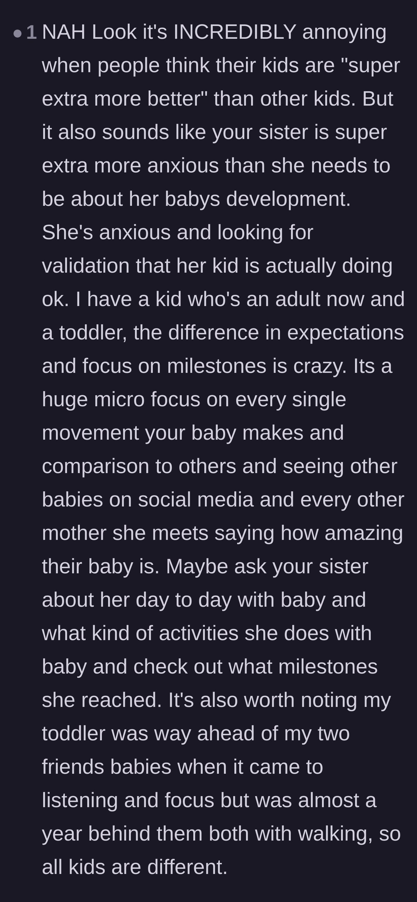 Comment thread 6 - Insight into how modern parenting culture and social media drive parents to obsess over micro-milestones.