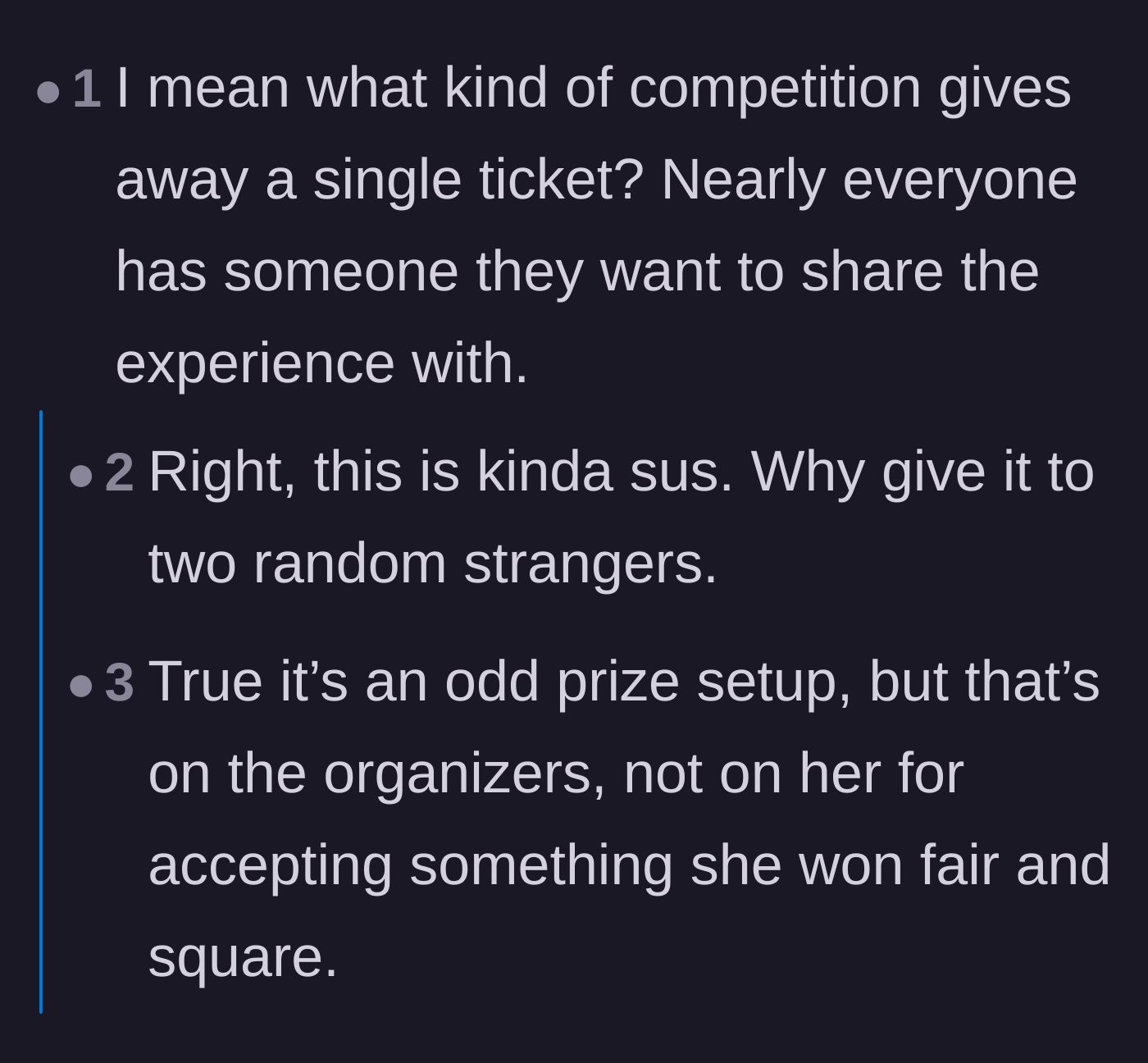 Comment thread 1 - A discussion questioning the strange single-ticket prize but defending the author's right to accept it.
