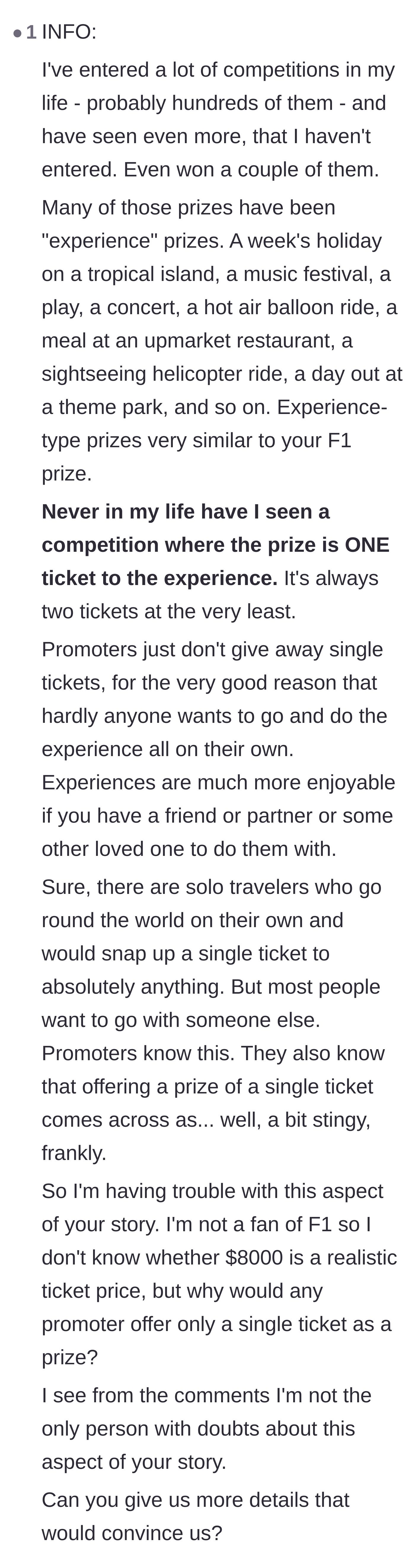 Comment thread 3 - A lengthy comment doubting the story's authenticity because promoters rarely give away single tickets.
