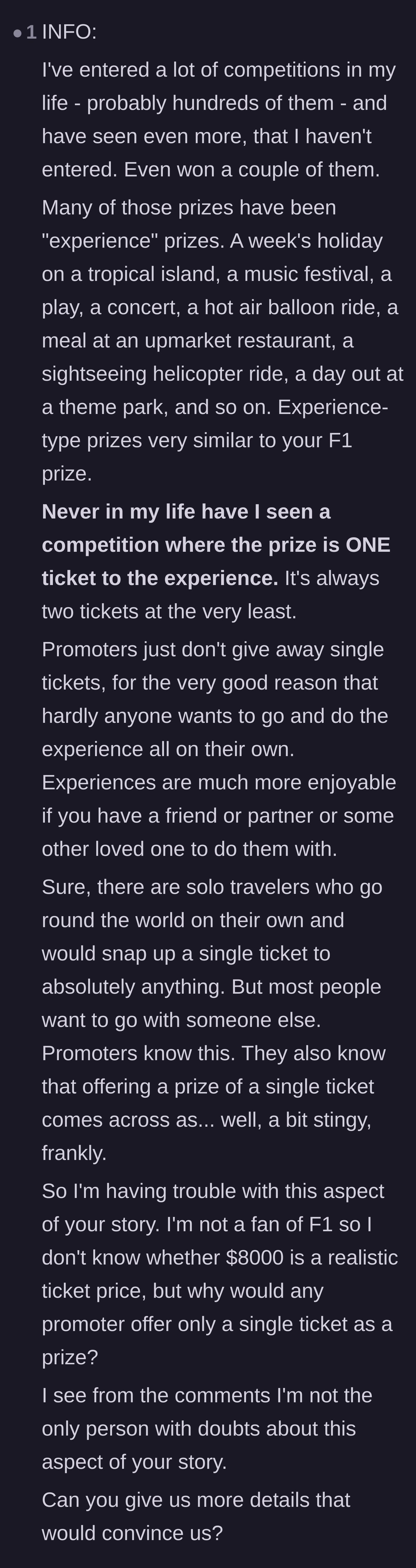 Comment thread 3 - A lengthy comment doubting the story's authenticity because promoters rarely give away single tickets.