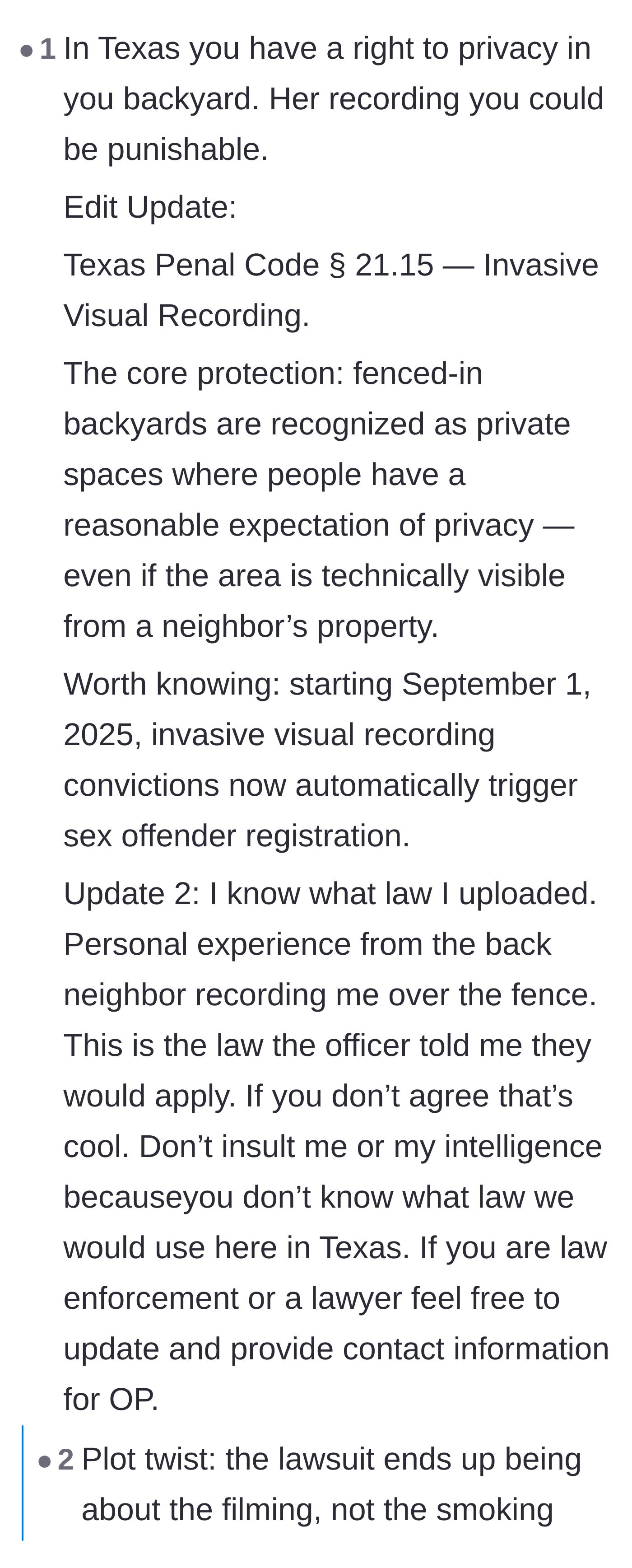 Comment thread 1 - Discussing Texas privacy laws regarding recording people in fenced backyards.