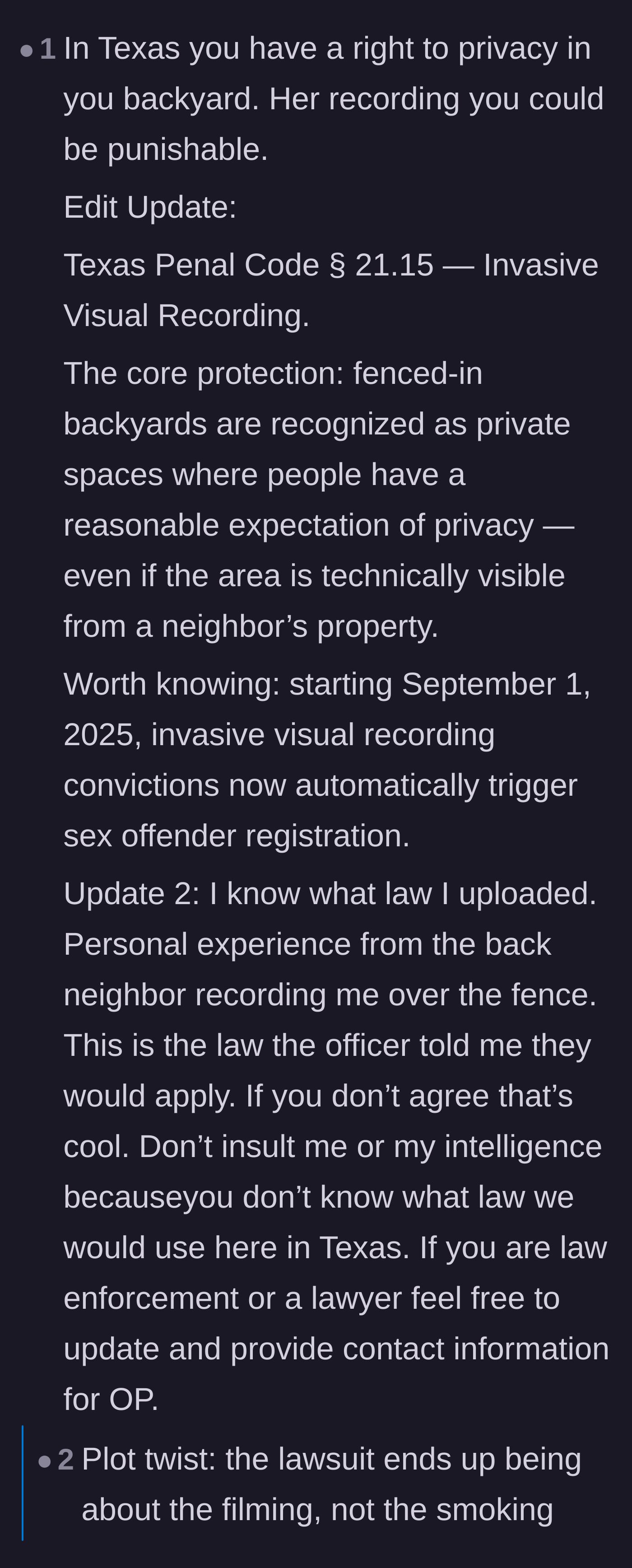 Comment thread 1 - Discussing Texas privacy laws regarding recording people in fenced backyards.
