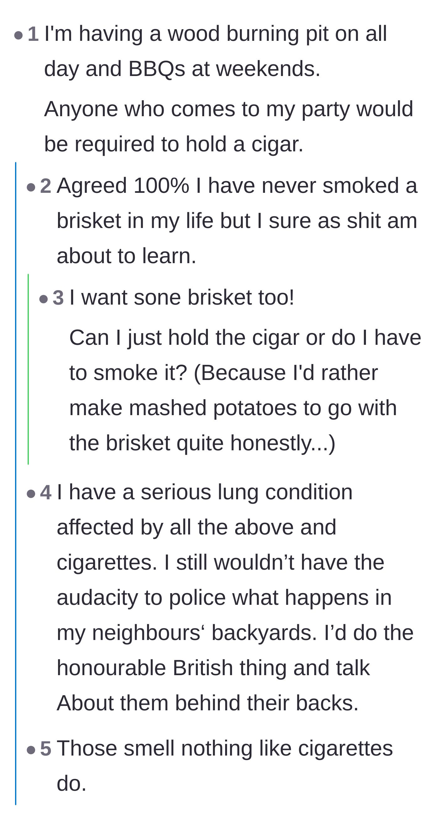 Comment thread 3 - Readers jokingly proposing to escalate the smoke levels with wood-burning pits and brisket smokers.