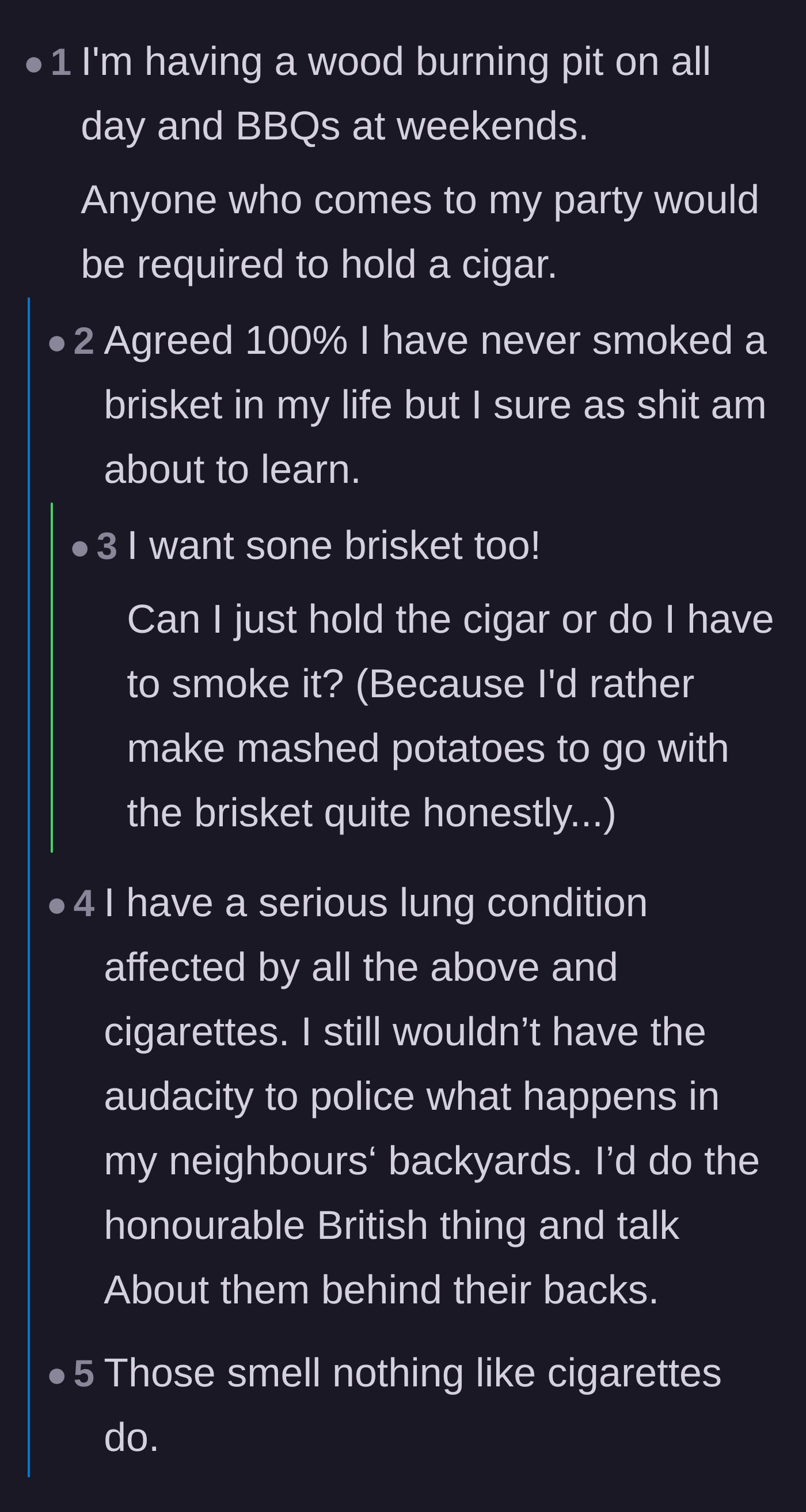 Comment thread 3 - Readers jokingly proposing to escalate the smoke levels with wood-burning pits and brisket smokers.