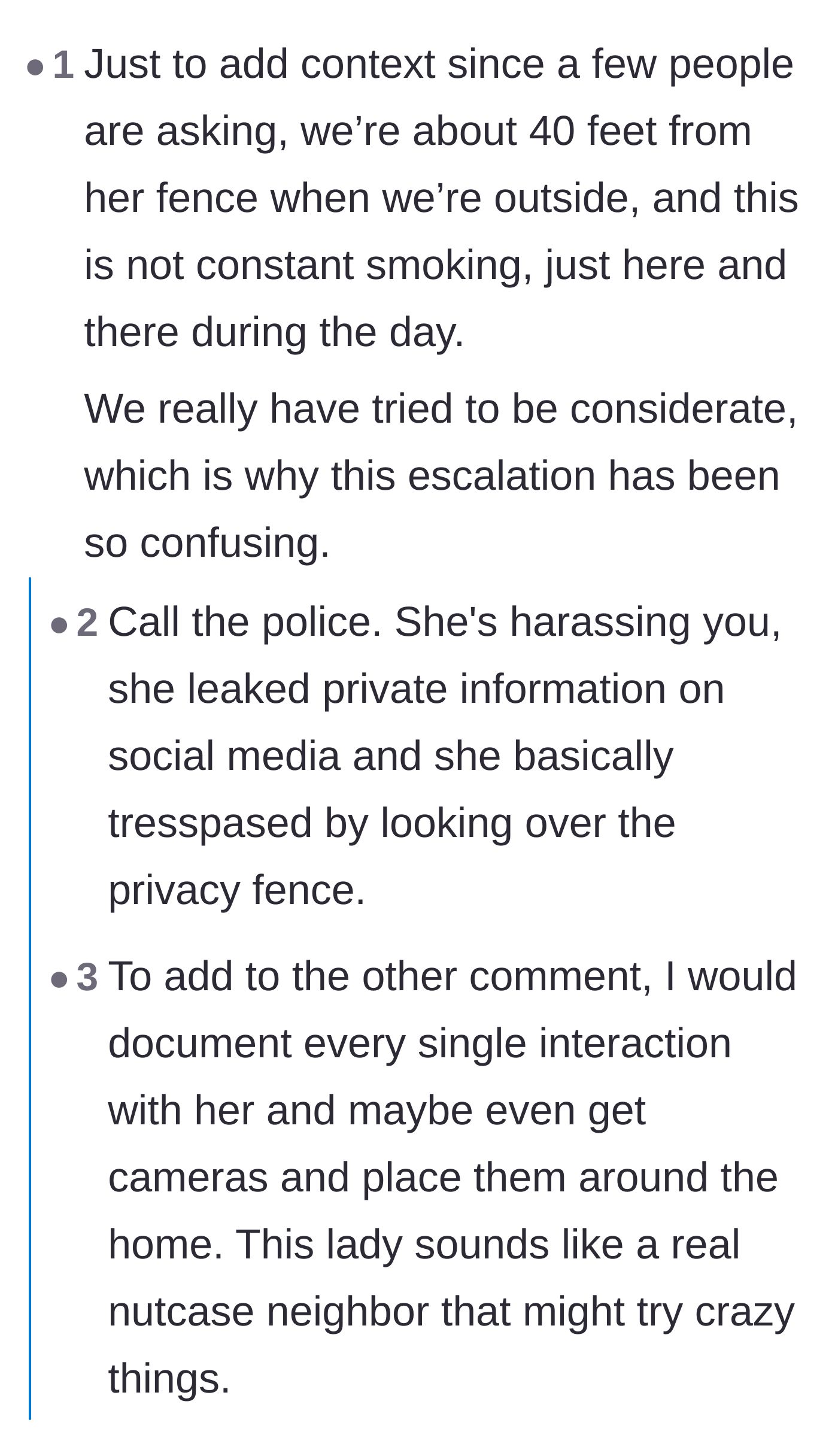 Comment thread 4 - The tenant clarifying the forty-foot distance from the fence and readers advising them to get cameras.
