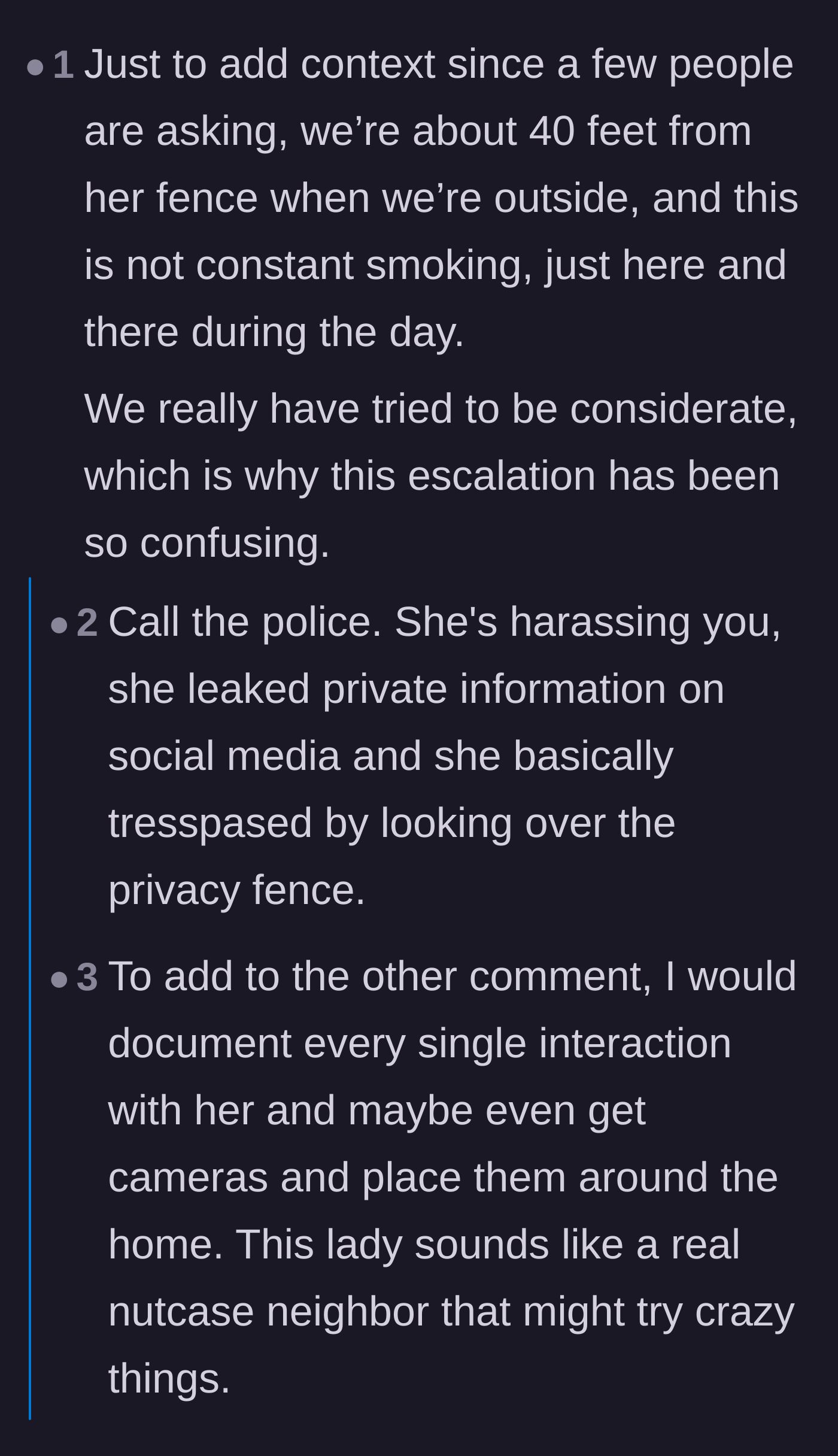 Comment thread 4 - The tenant clarifying the forty-foot distance from the fence and readers advising them to get cameras.