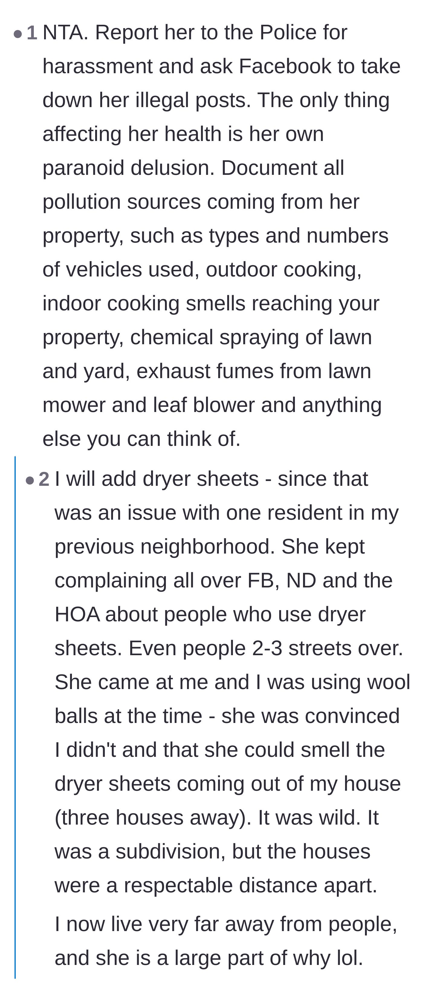 Comment thread 5 - Advice to document the neighbor's own yard pollution and a relatable story about absurd HOA complaints.