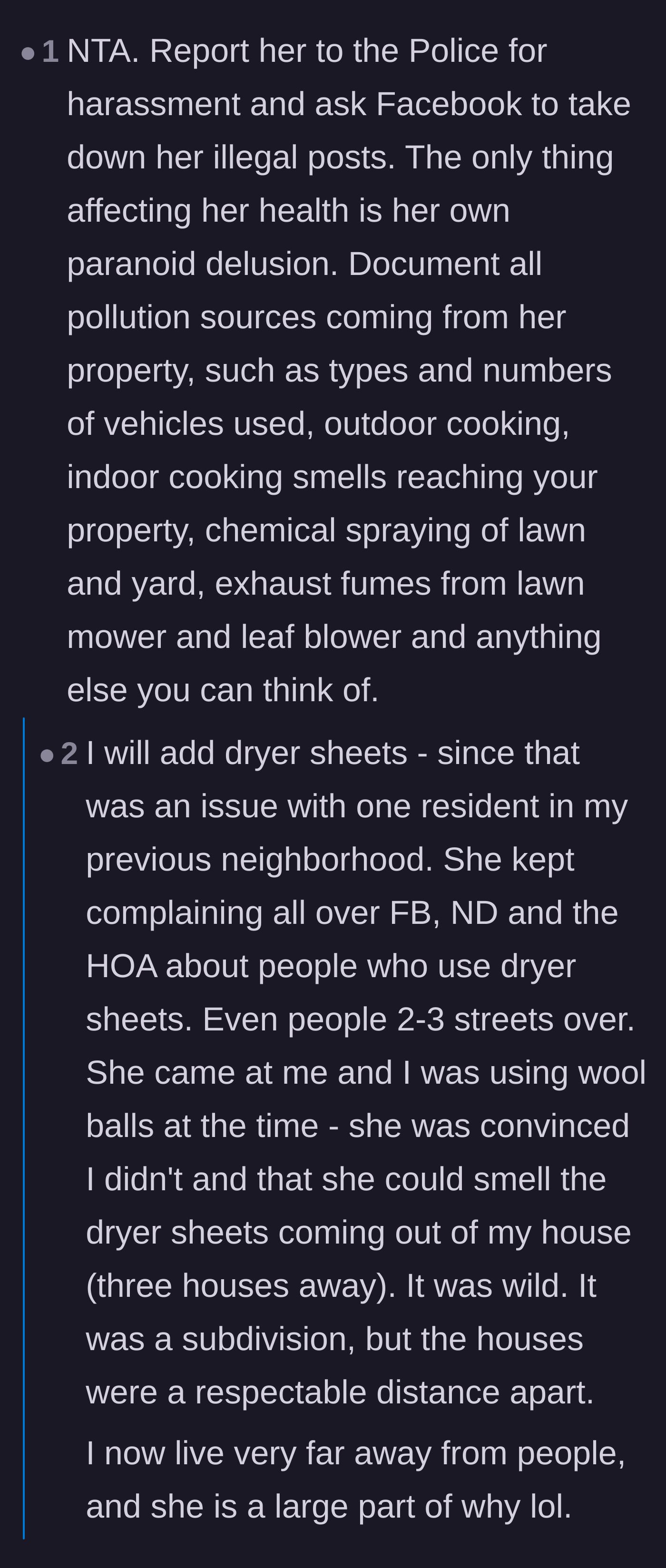 Comment thread 5 - Advice to document the neighbor's own yard pollution and a relatable story about absurd HOA complaints.
