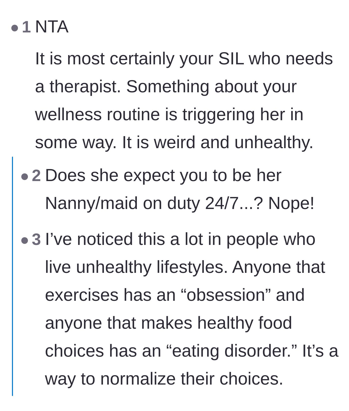Comment thread 1 - Readers discussing how the sister-in-law is projecting her own insecurities onto the main character's healthy habits.