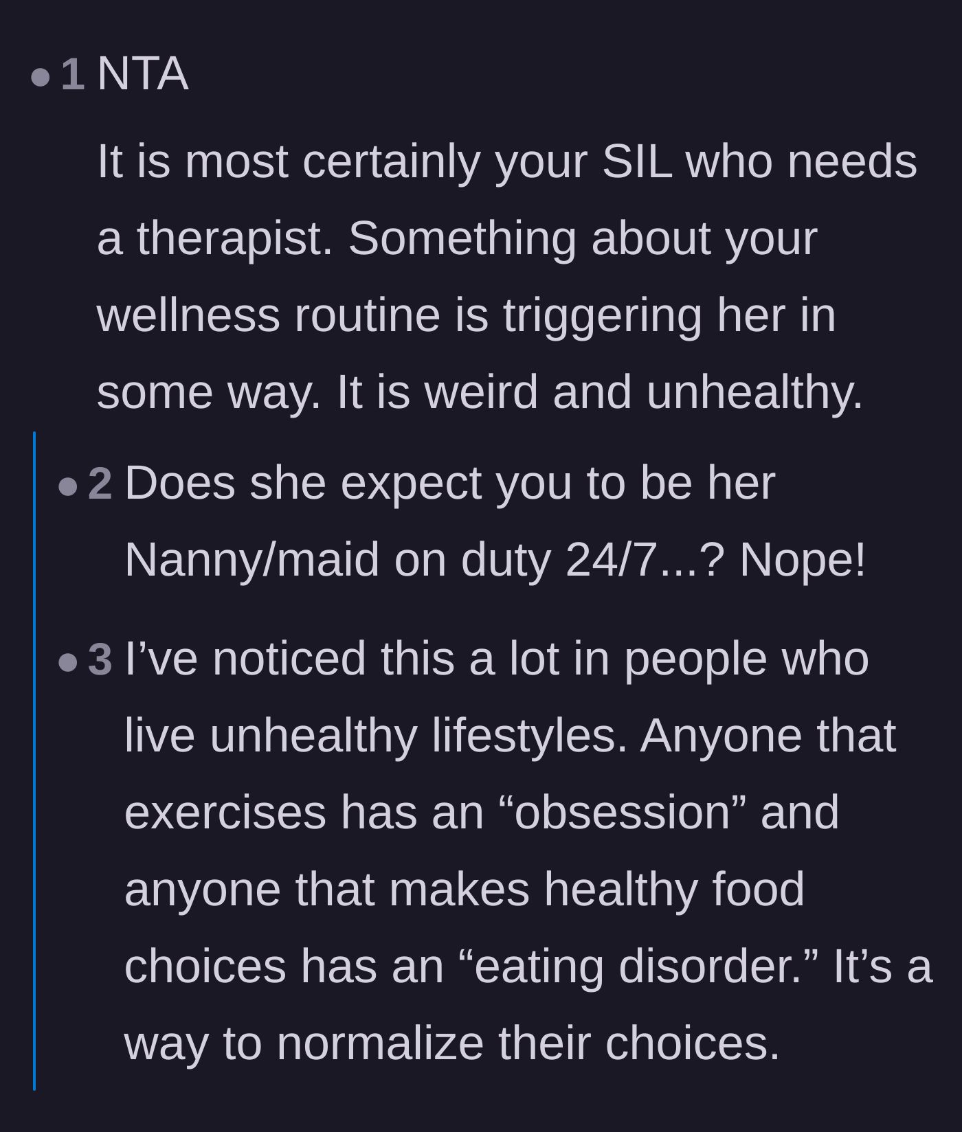 Comment thread 1 - Readers discussing how the sister-in-law is projecting her own insecurities onto the main character's healthy habits.