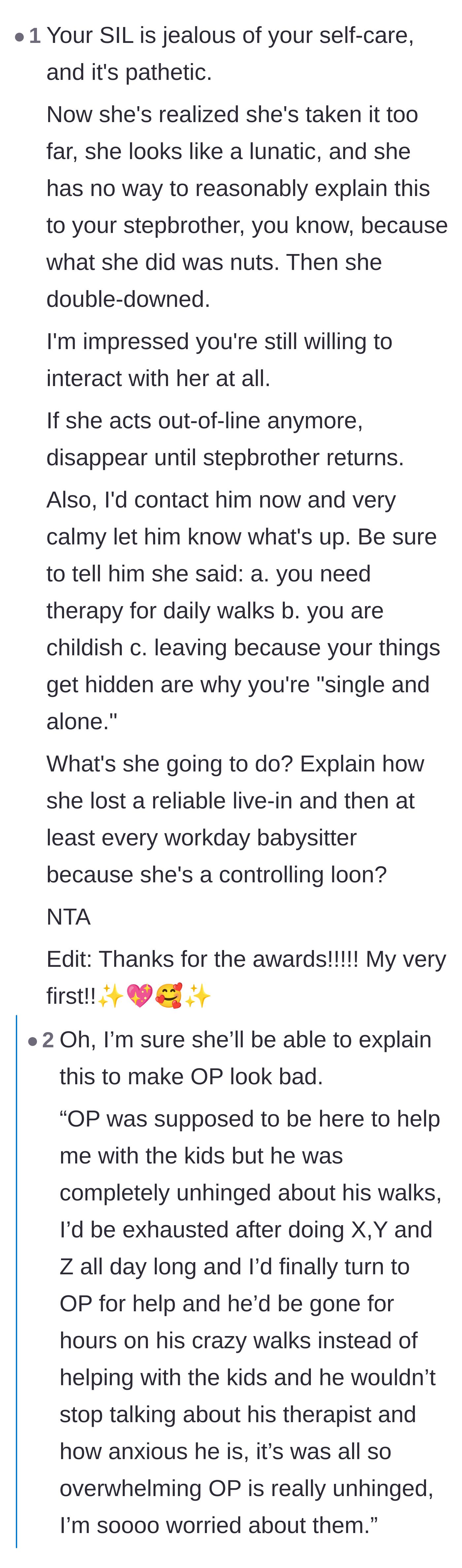 Comment thread 2 - Speculation on how the sister-in-law will inevitably spin the narrative to her husband to cover up her behavior.