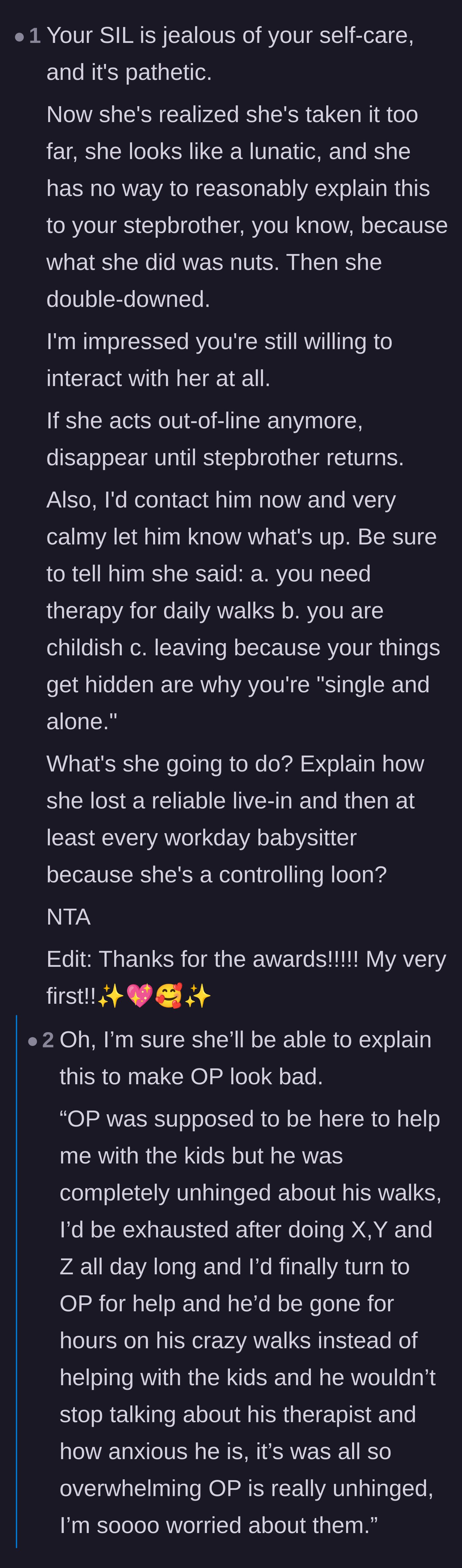 Comment thread 2 - Speculation on how the sister-in-law will inevitably spin the narrative to her husband to cover up her behavior.