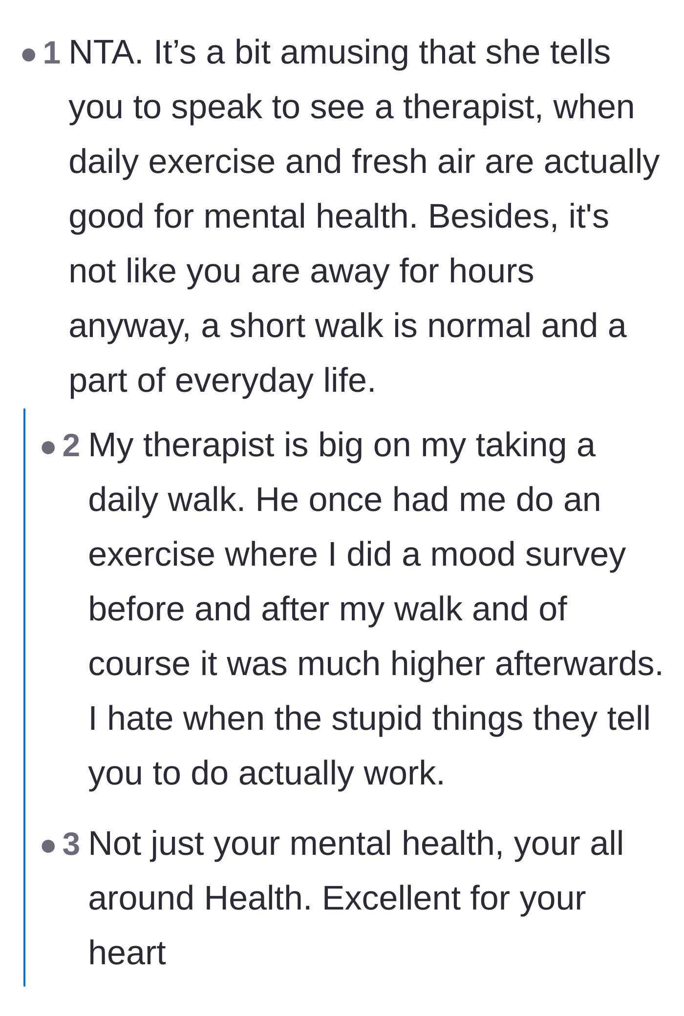 Comment thread 6 - Discussion on the therapeutic benefits of daily walks and the irony of the sister-in-law's remarks.