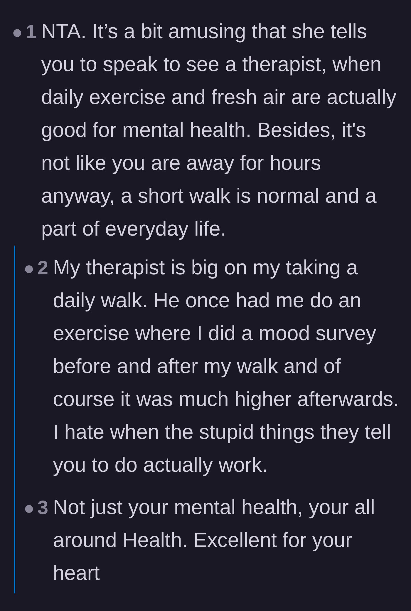 Comment thread 6 - Discussion on the therapeutic benefits of daily walks and the irony of the sister-in-law's remarks.