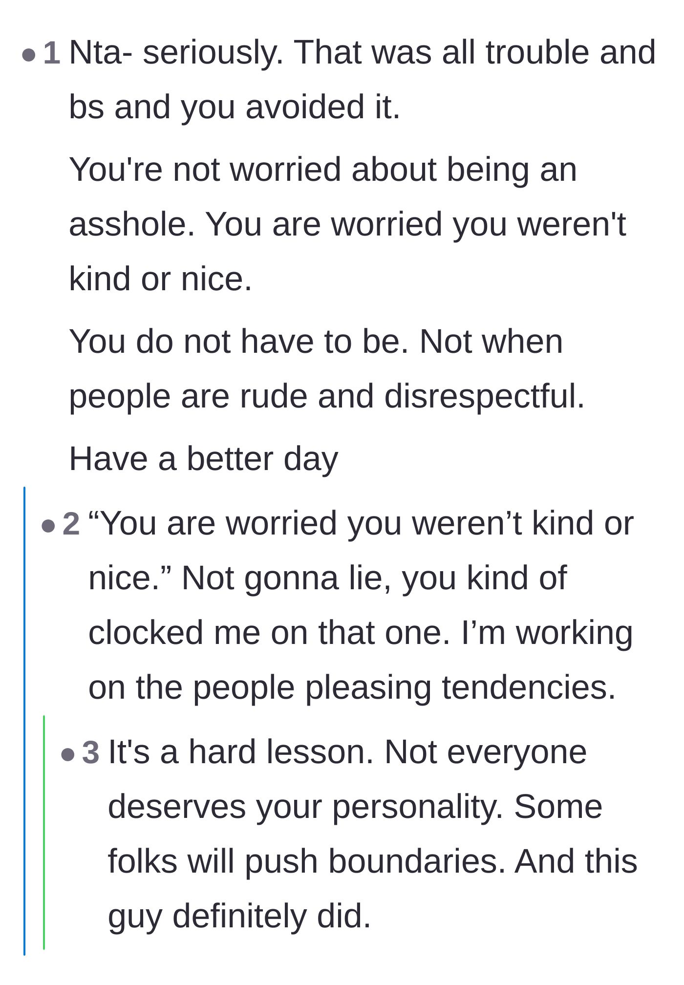 Comment thread 3 - A discussion about how the manager was confusing the need to set boundaries with a fear of being unkind.