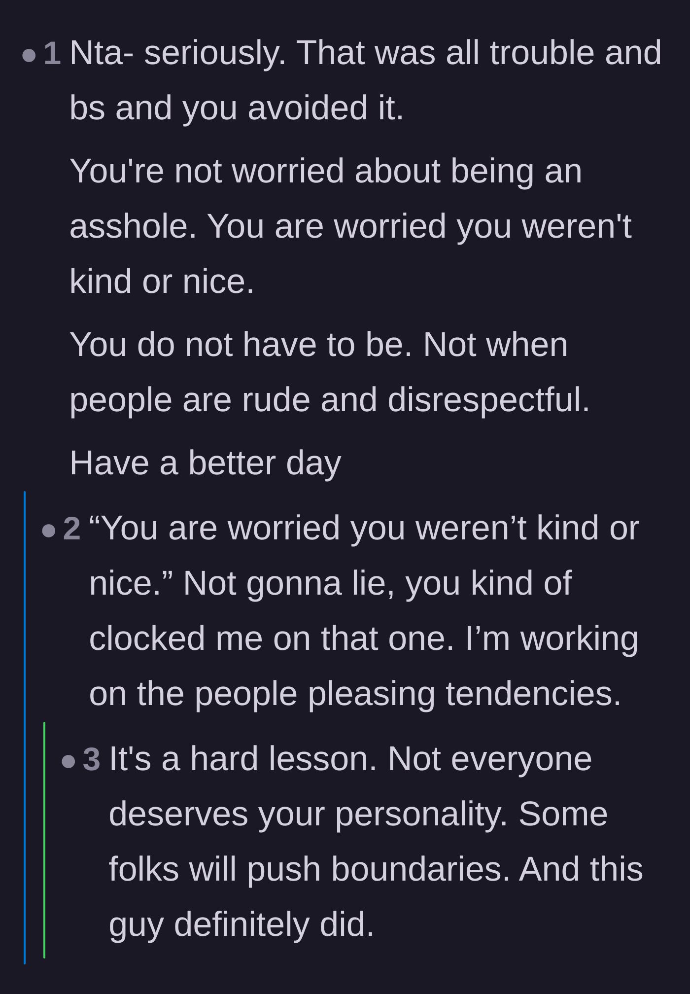 Comment thread 3 - A discussion about how the manager was confusing the need to set boundaries with a fear of being unkind.