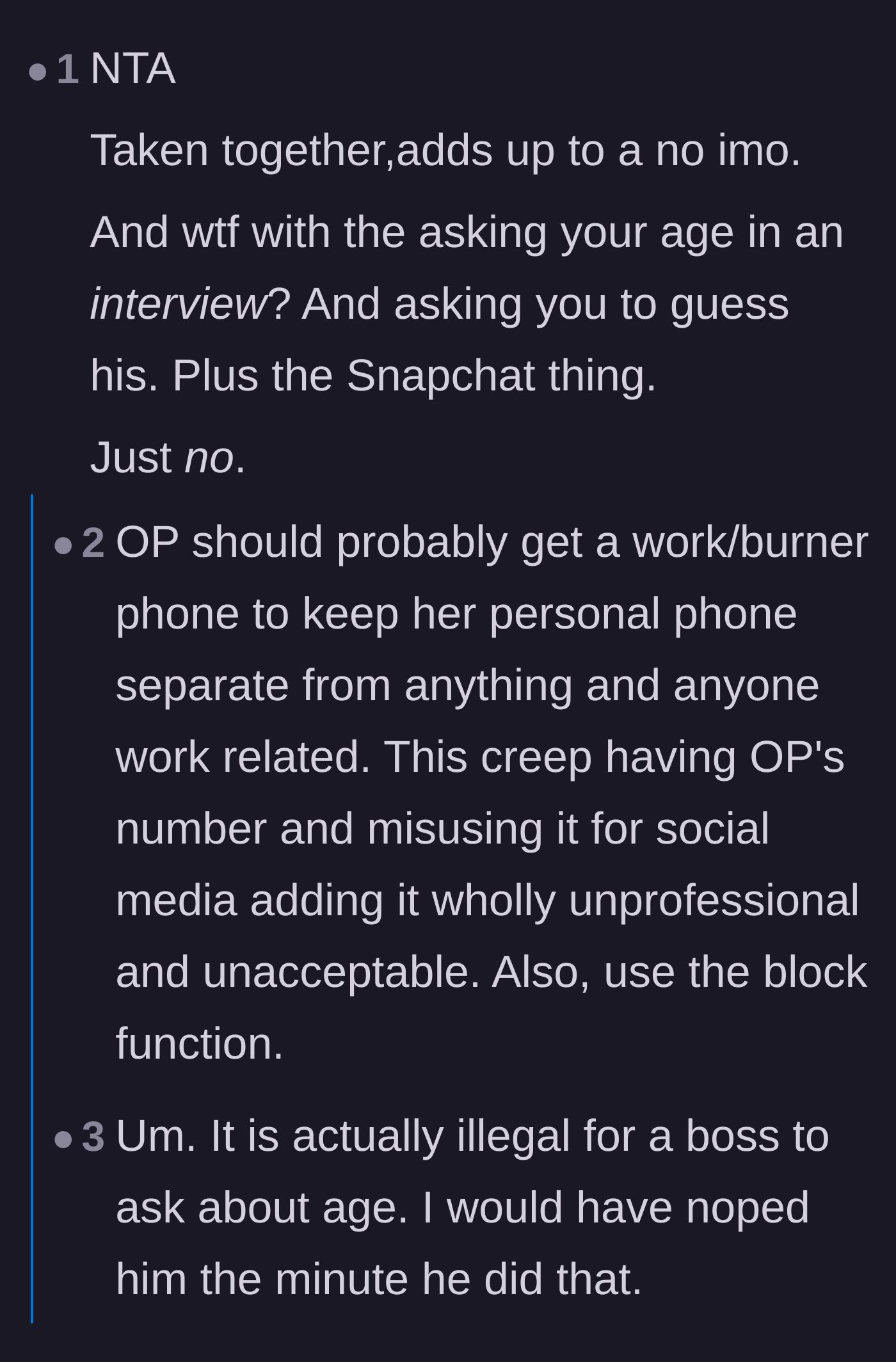 Comment thread 6 - Commenters list the cumulative red flags and suggest the manager get a dedicated work phone to protect her privacy.